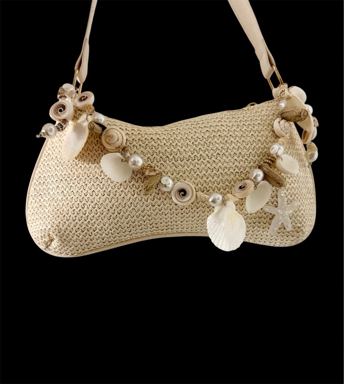Woven Straw Inspired Crescent Shoulder Bag with Shell Pearl Starfish Accents