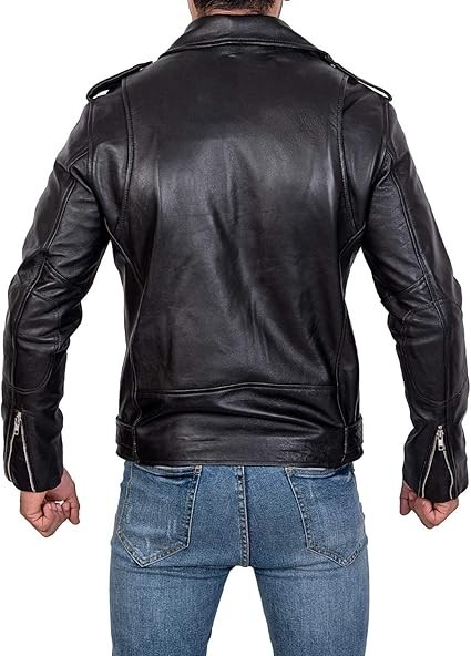 Mens Brando Cowhide Leather Jacket Motorcycle Black Marlon Biker Jacket Classic
