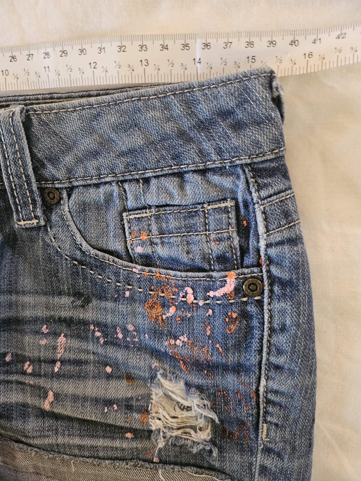 MUDD Low Rise Blue Denim Women’s Shorts with Orange Pink Paint-Splatter Size 5