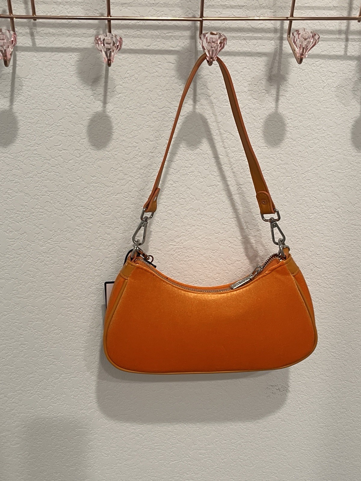 Von Dutch Orange Rhinestone Logo Crescent Shoulder Bag Zip Top Chain Strap Small
