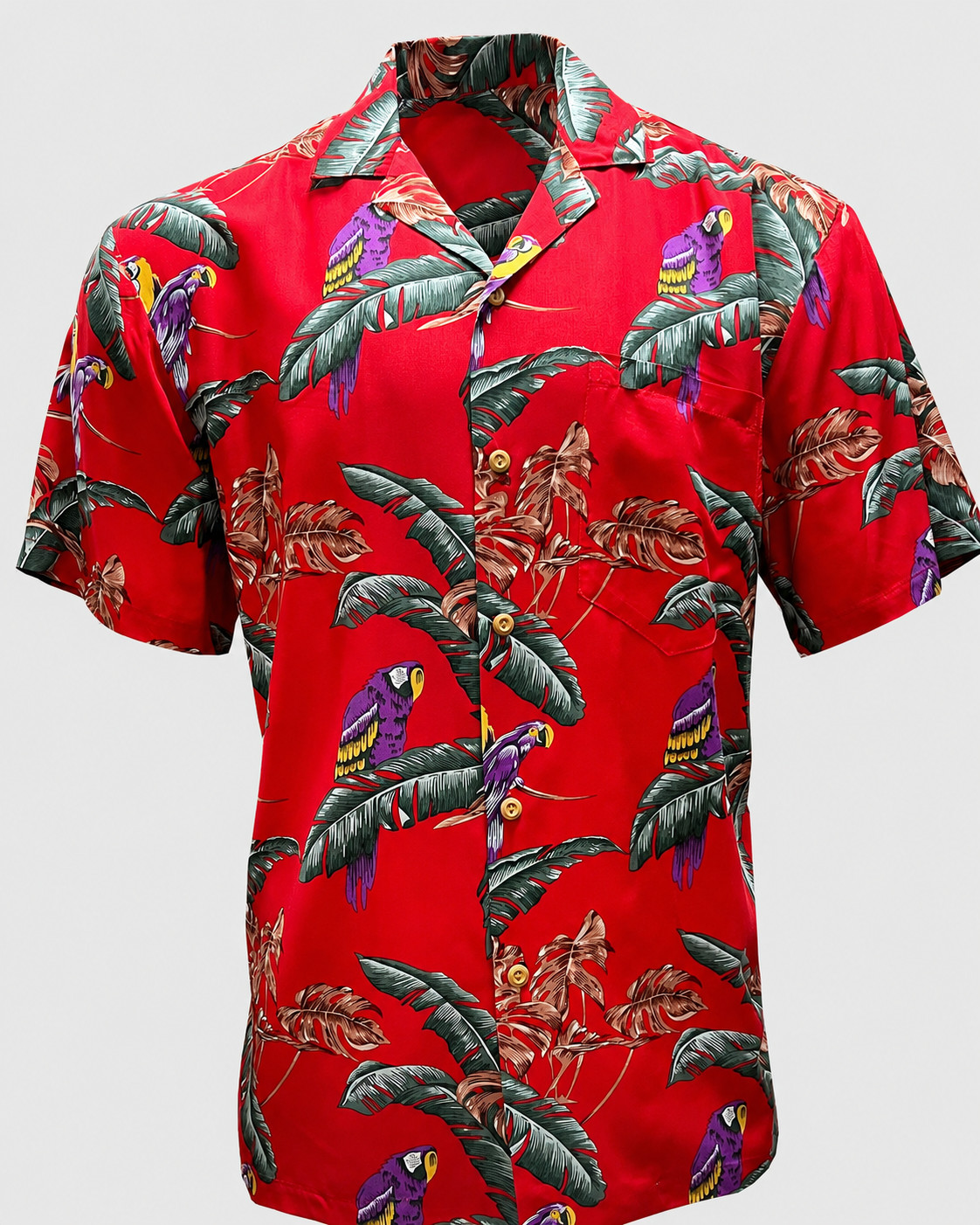 Men’s Red Parrot Hawaiian Shirt Tropical Palm Leaf Button-Up Beach Aloha Top