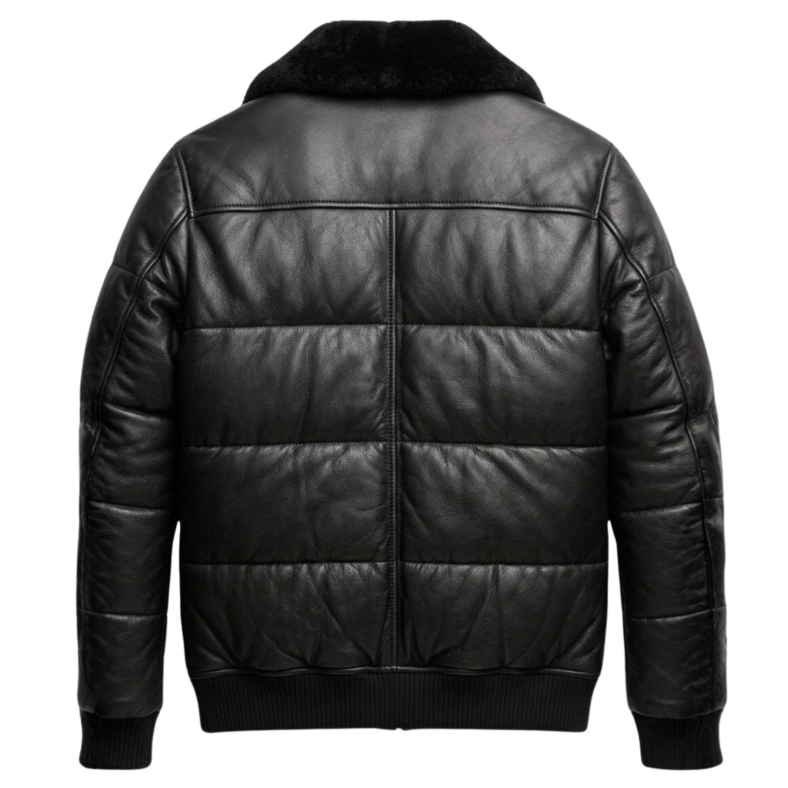 Men’s Black Leather Puffer Jacket with Faux Fur Collar, Winter Bomber Jacket