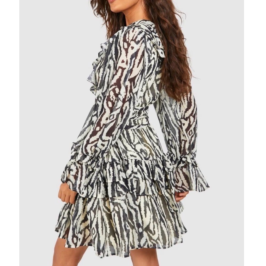 Boohoo Zebra Print Ruffle Mini Dress Long Sleeve Tie Waist Party Going Out US 14