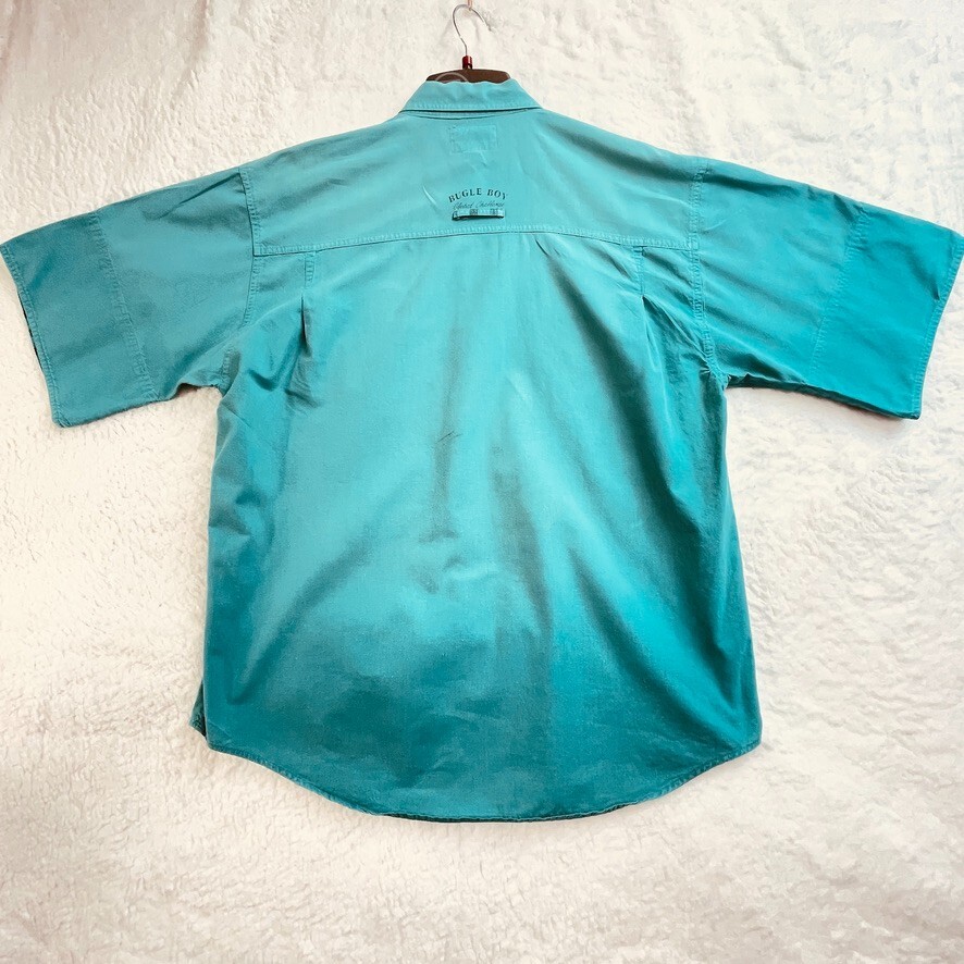 Rare Vtg 90s Bugle Boy Global Challenge Shirt Mens Sz Med. Teal Chambray Cotton