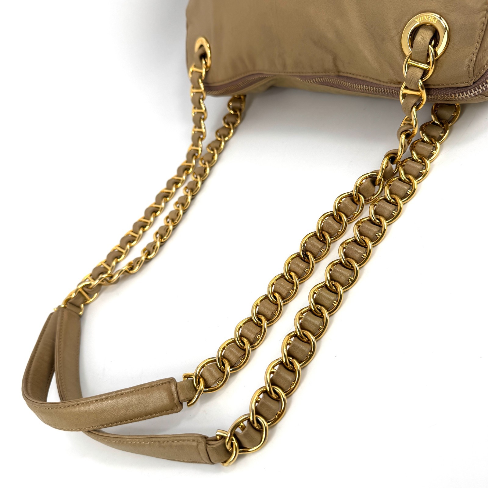 PRADA Double Chain Leather Shoulder Bag Embossed Authentic Beige From Japan