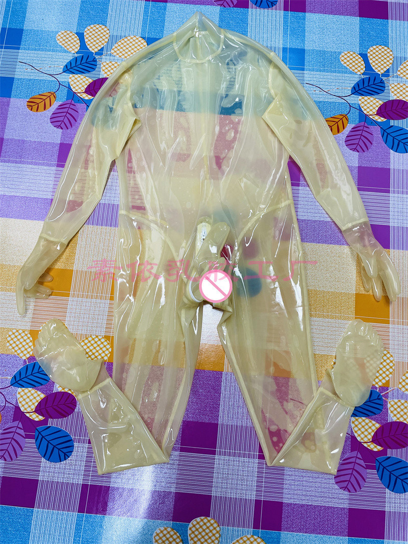 Men transparent latex catsuit with gloves&hidden type Penile sheath back zip US