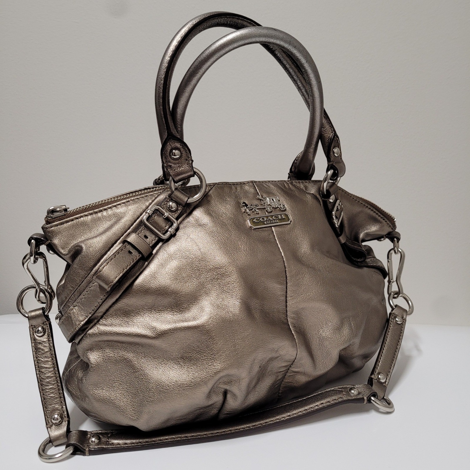 Coach Madison Sophia Metallic Pewter Leather Satchel Shoulder Bag 18609 Silver