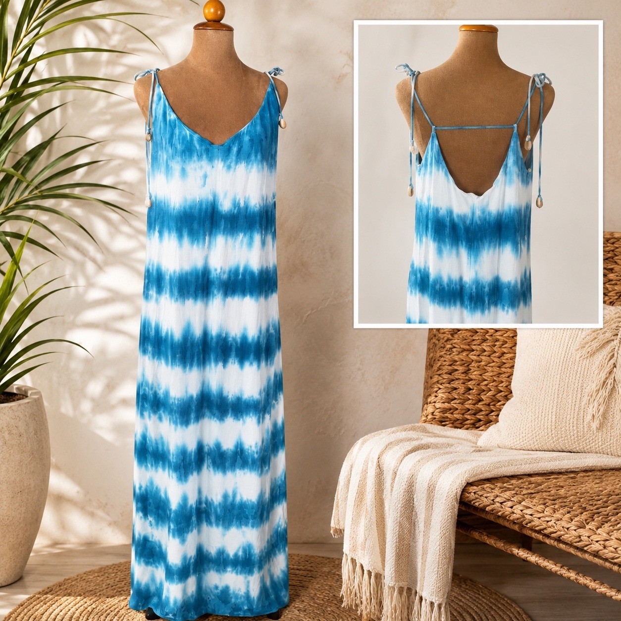 Shore Tie Dye Maxi Dress M Blue White Open Back Sundress Beach Resort NWT