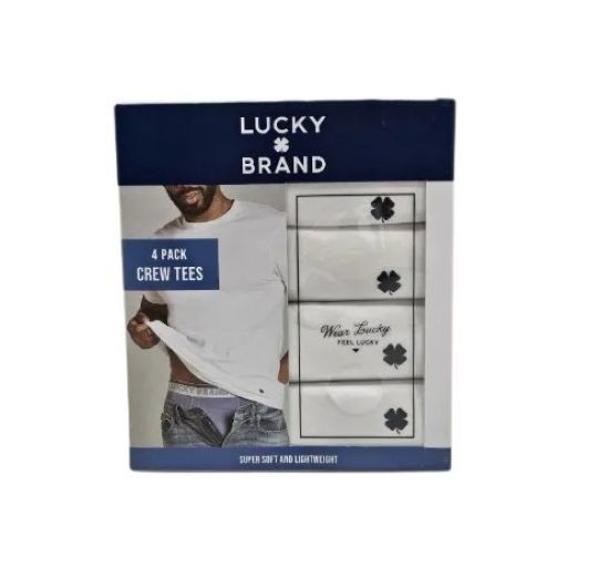 4 PACK LUCKY BRAND MENS SIZE L COTTON BLEND WHITE CREW NECK T-SHIRT UNDERSHIRT