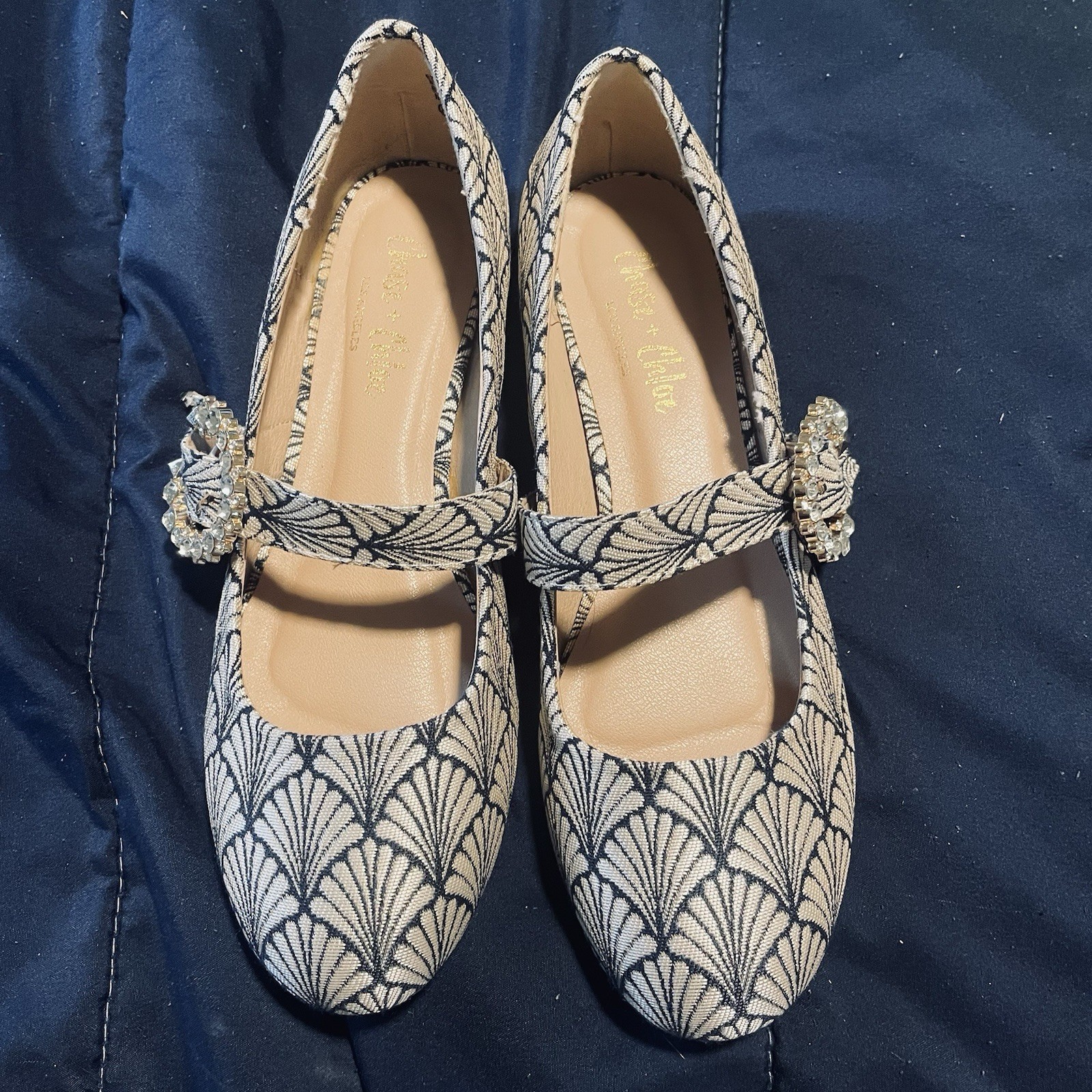 Chelsea Crew Women’s Mary Jane Flats Black/Beige Geometric Rhinestone Buckle