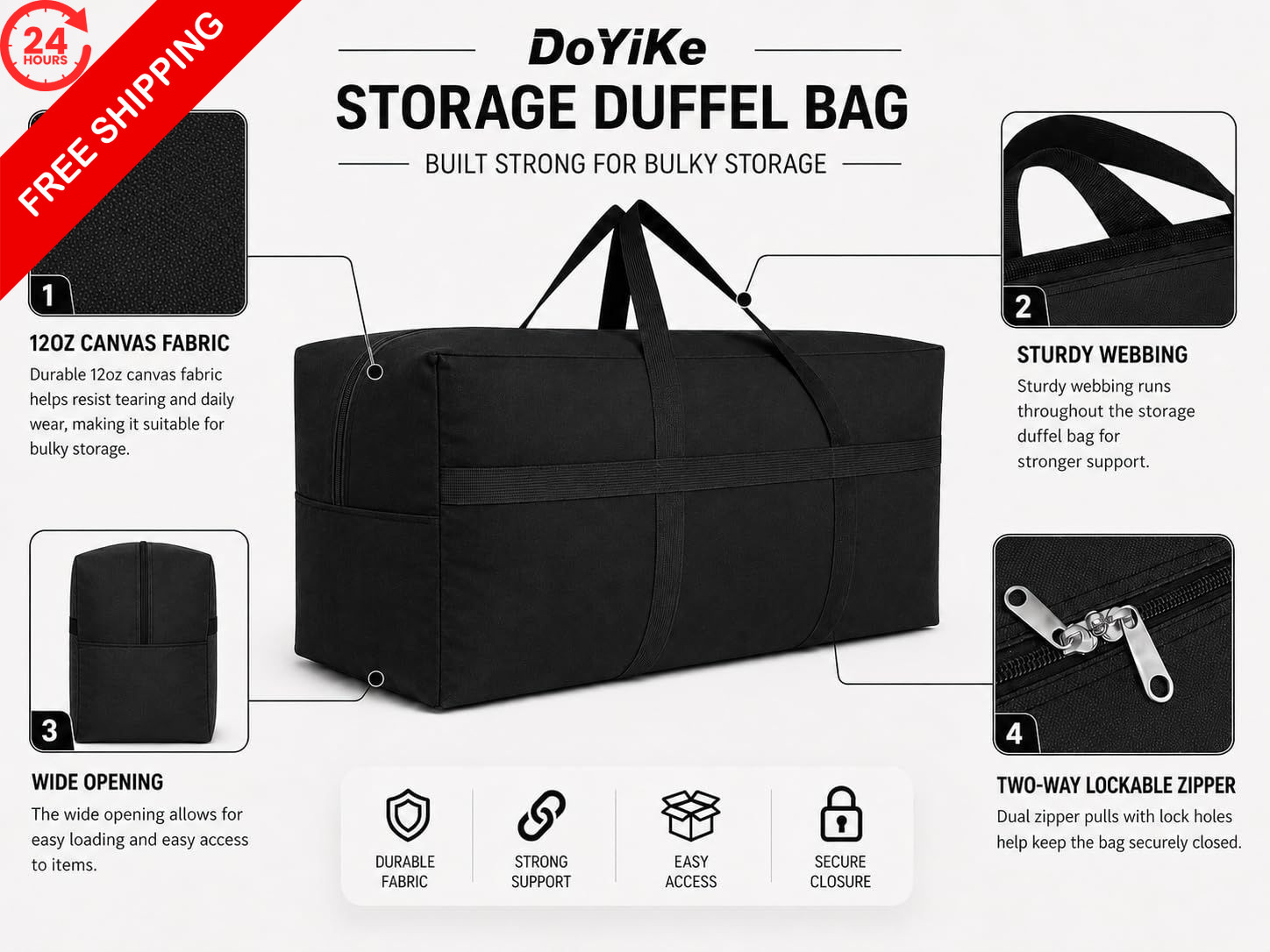 DoYiKe Canvas Storage Duffle 60L – 23.6″l x 11.8″w x 13.4″h, Black
