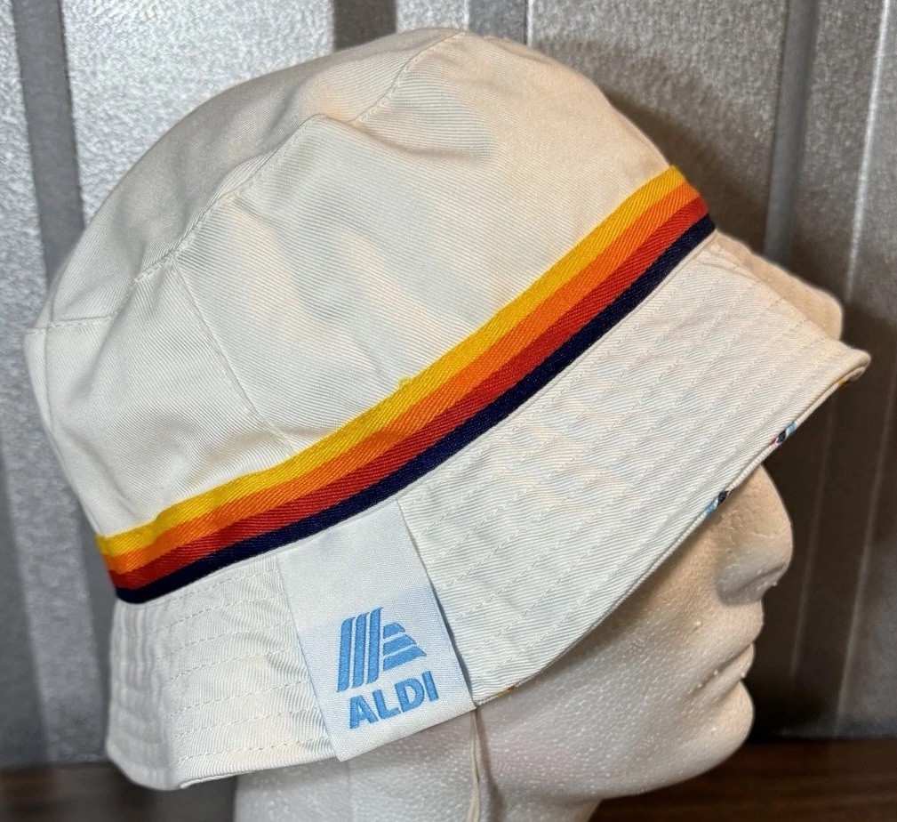 New NWT ALDI Gear White Bucket Hat with Iconic Logo Rainbow Stripes One Size