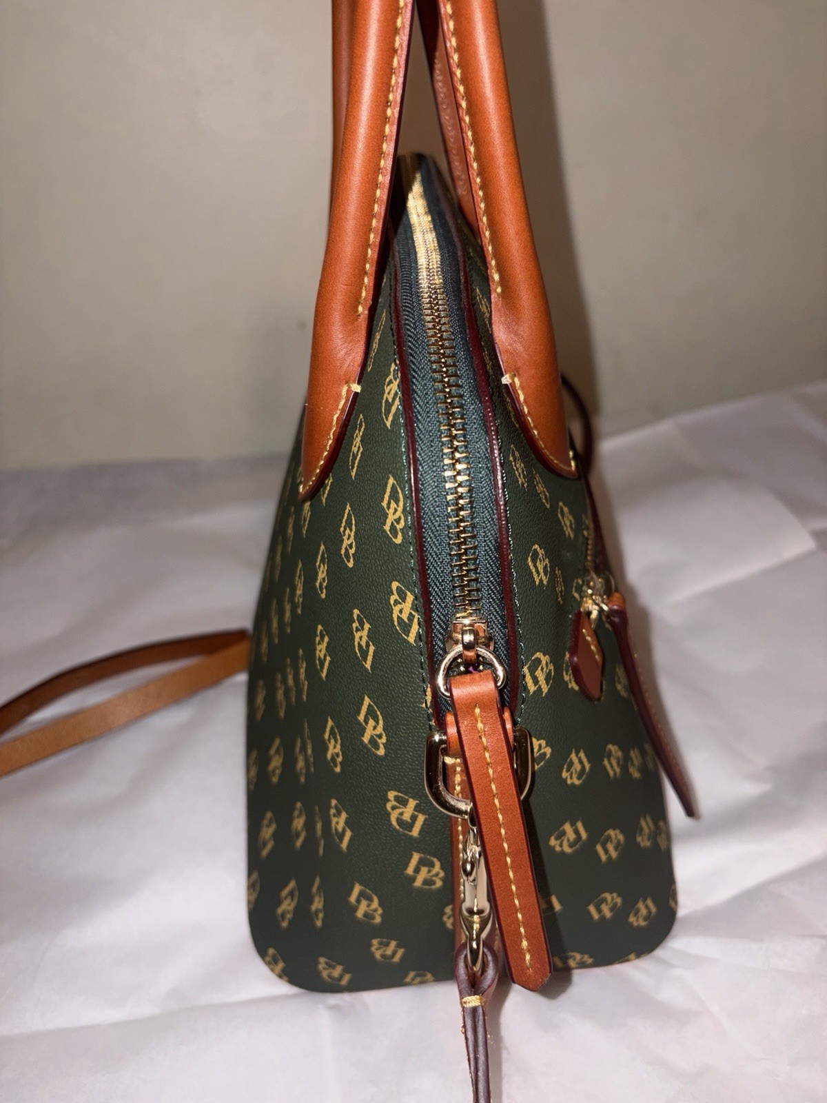 Dooney & Bourke Green Monogram Satchel Top Handle Zip Detachable Strap Medium