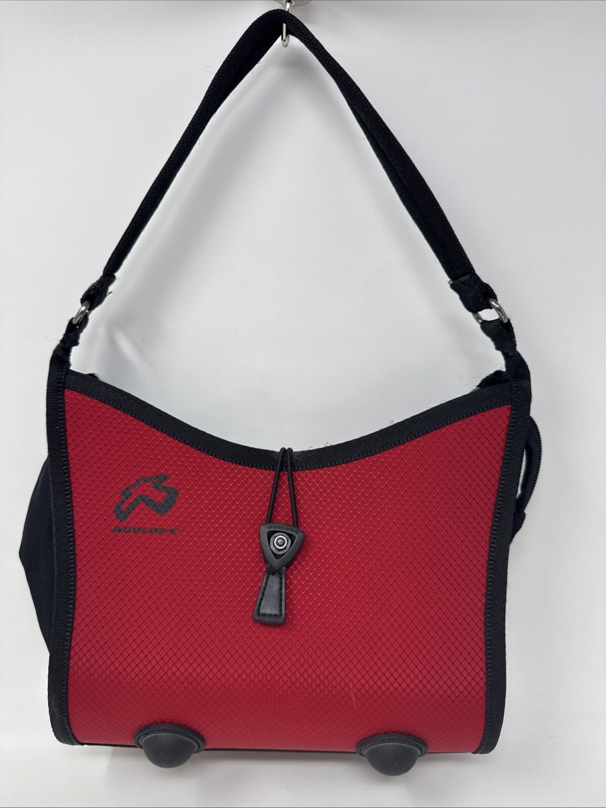 2004 BOBLBE-E Sweden Hardshell Purse Red/Black Double Strap Rubber Ball Feet