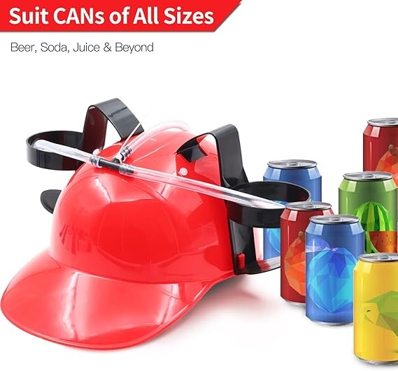 Drinking Helmet – Can Holder Drinker Hat Cap with Straw for Beer and Soda Red