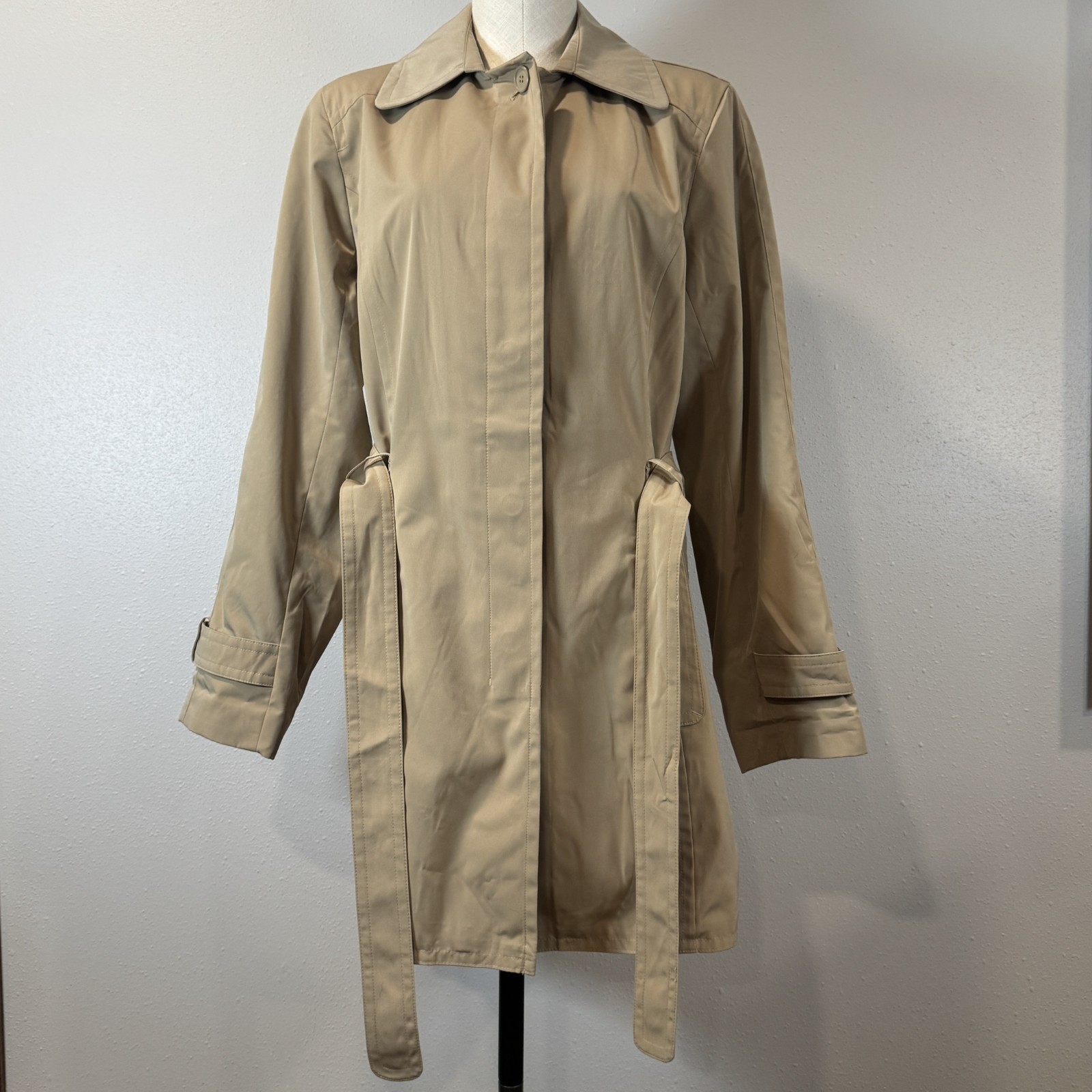 Towne Collection Womens Size L Khaki Trench Coat Belted Padded Shoulder NWT