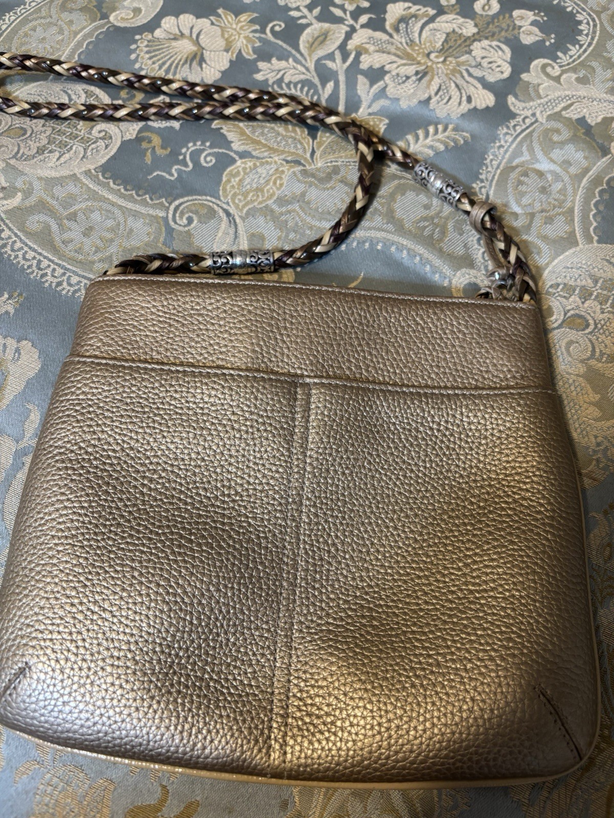 Brighton Gold Pebbled Shoulder Bag Braided Strap Heart Charm Zip Pockets