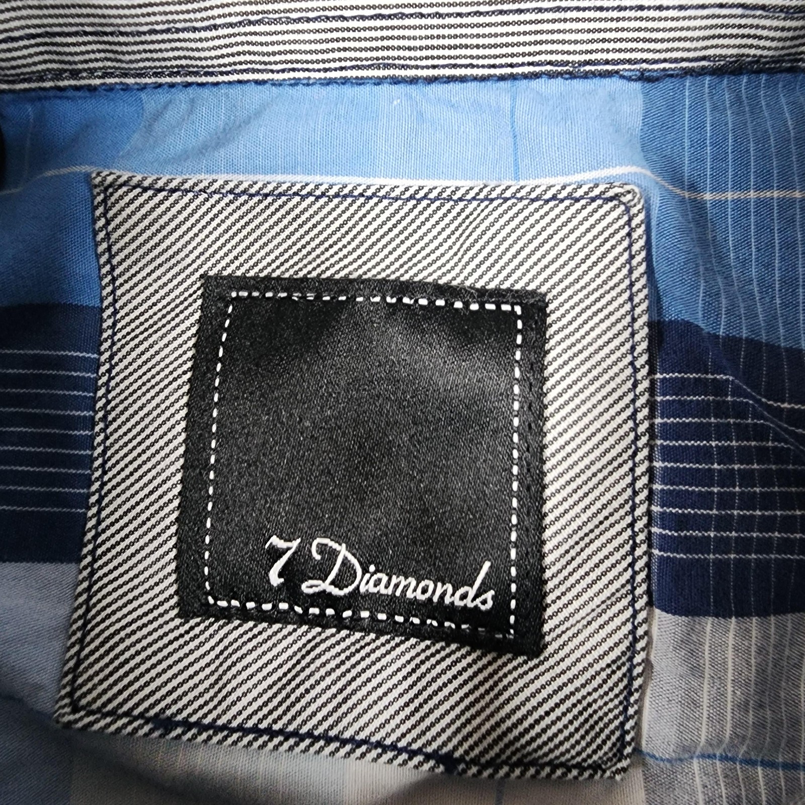 7 Diamonds Shirt Mens Large Blue Plaid Short Sleeve Button Up Snap Pockets Trim