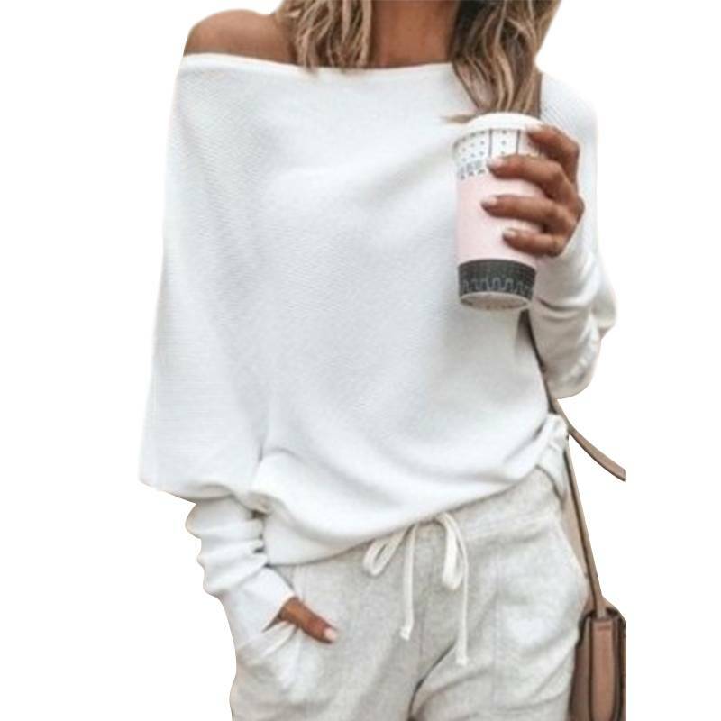 Ladies Off-Shoulder Ribbed Knitted Sweater Long Sleeve Pullover Pullover Top –