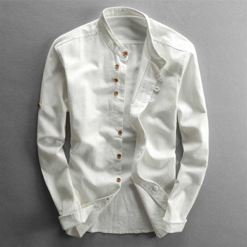 Cotton Linen Shirt Men Formal Retro Long Sleeve Mandarin Collar Frog Button Tops