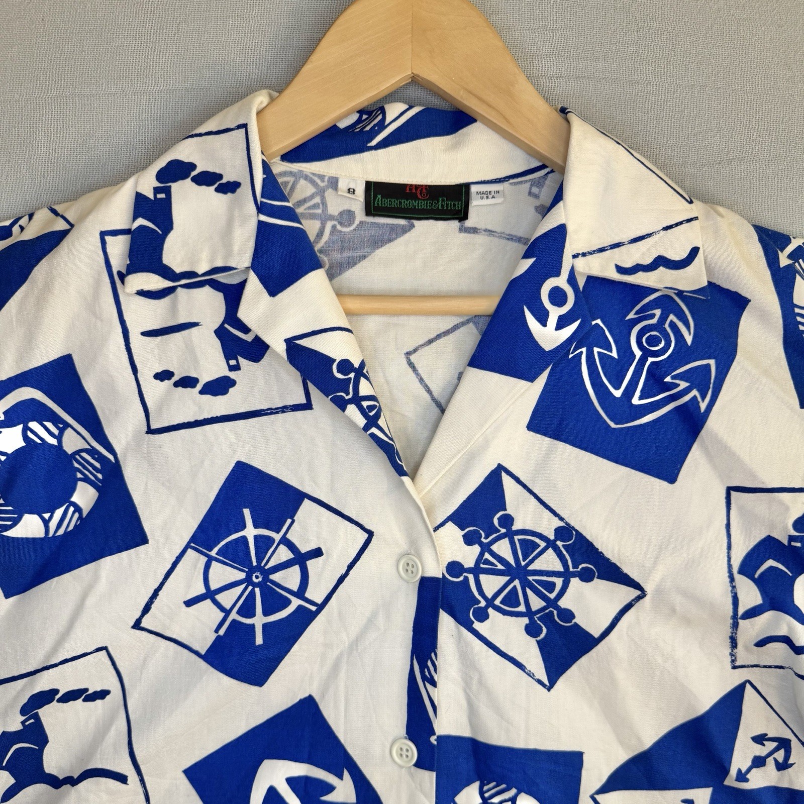 Vintage Abercrombie Fitch Shirt Button Short Sleeve Nautical White Blue Collared