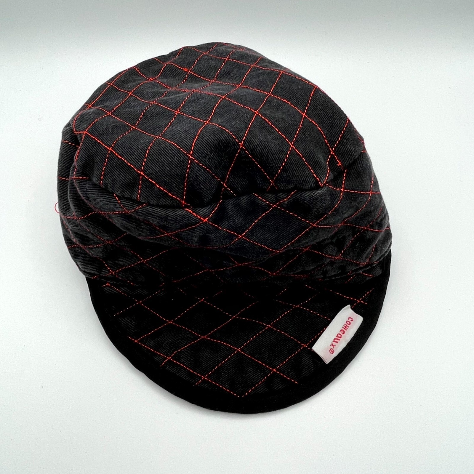 Comeaux Hat Cap Mens Medium Black Quilted Red Stitching Short Brim Mud Flap