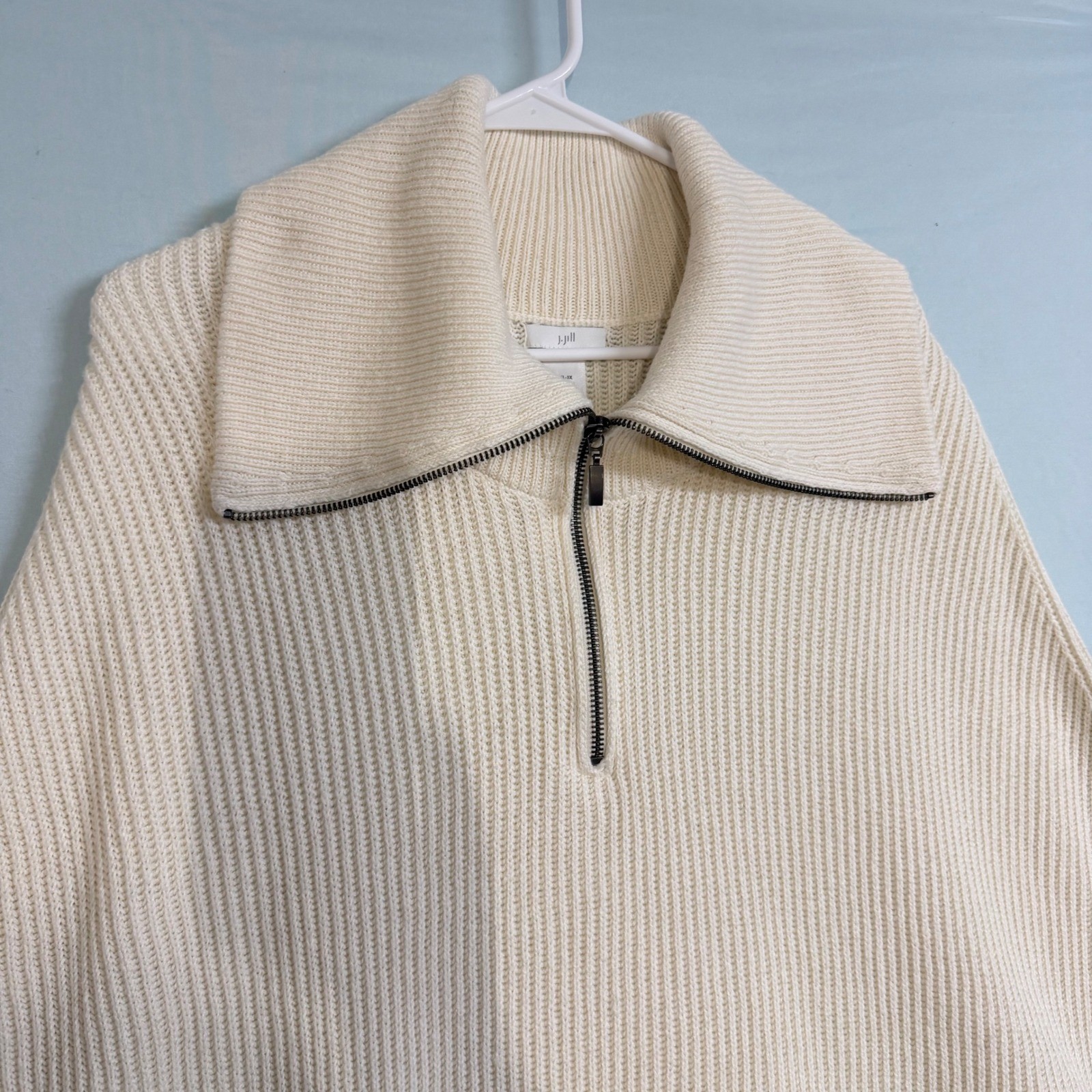J. Jill Size-XL-3X Poncho Sweater Cream Ribbed Quarter Zip Cotton Blend