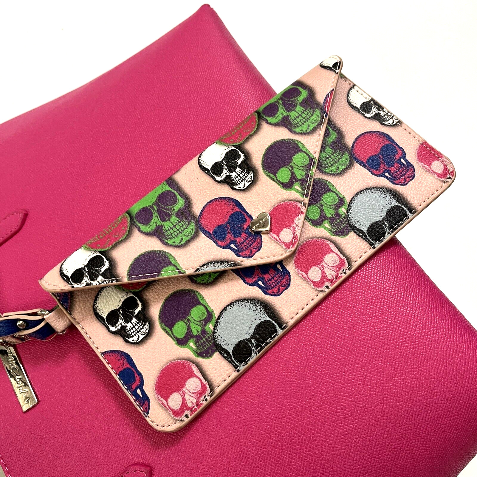 NWT Betsey Johnson XO Skull Tote Bag Pink with Skull Pouch Gothic Punk Hearts