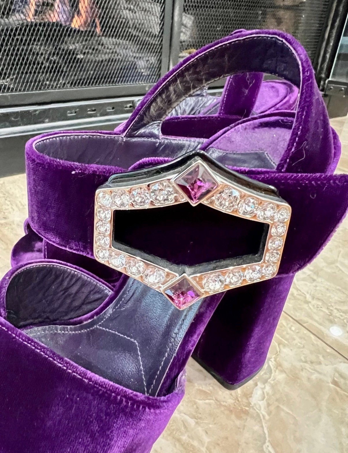 Prada Purple Velvet Rhinestone Buckle Platform Open Toe Ankle Strap, 37.5