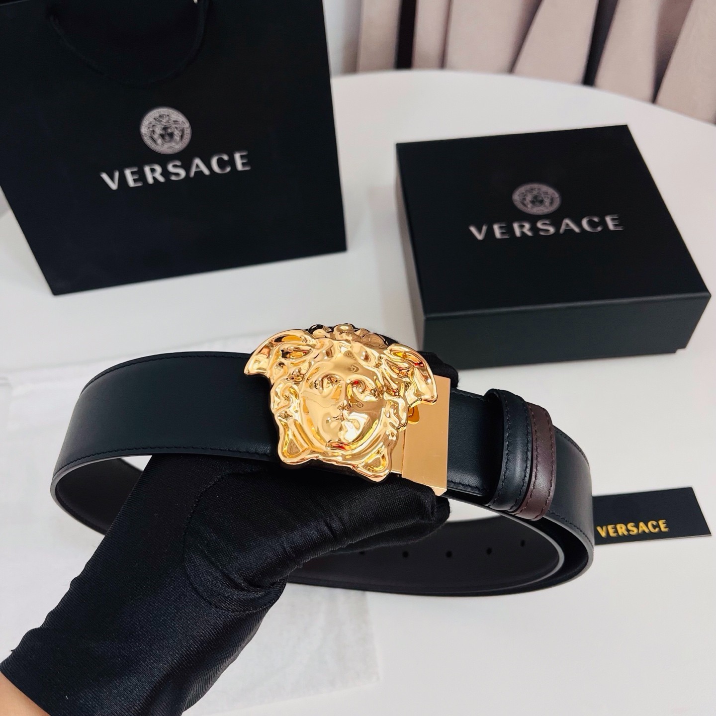 Versace belt for sale authentic Reversible Black/Brown width 4.0cm/1.57inch