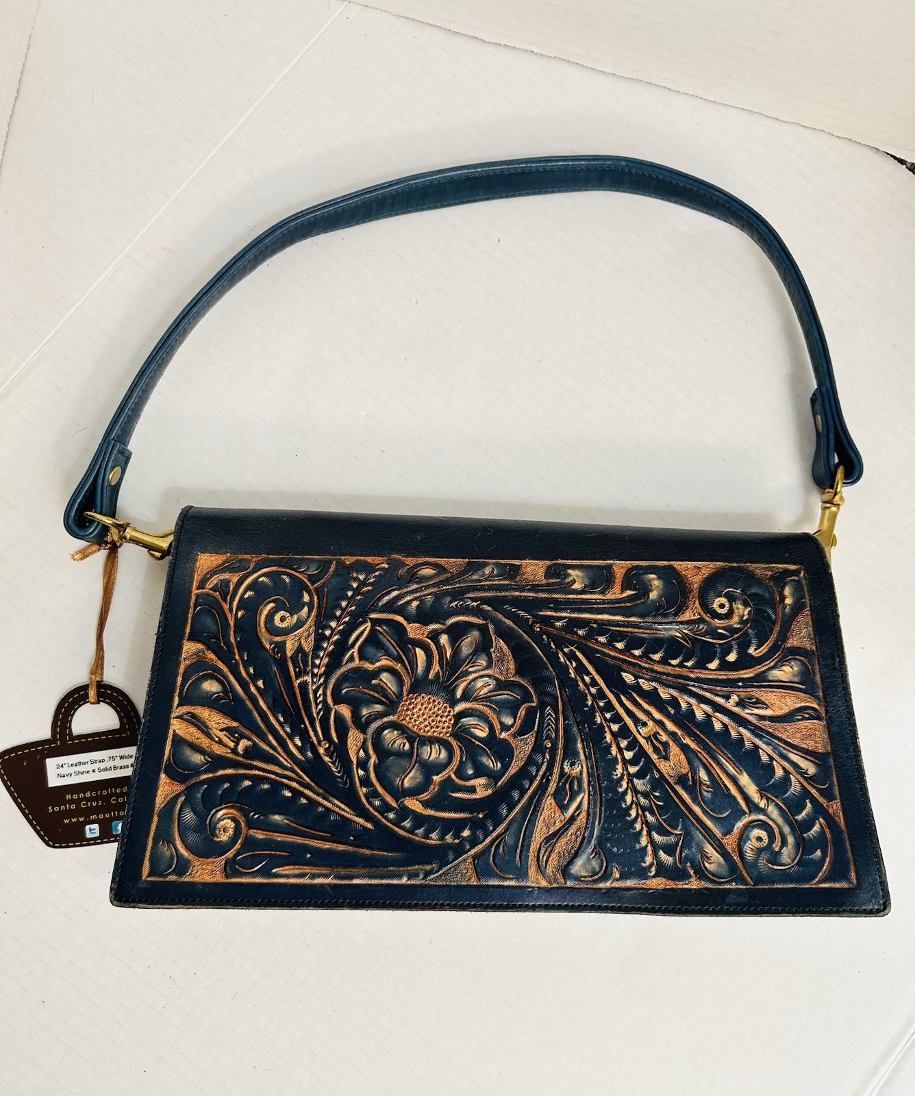 Navy Blue Hand Tooled Leather Purse Flowers Southwestern Bohemian Mautto Strap