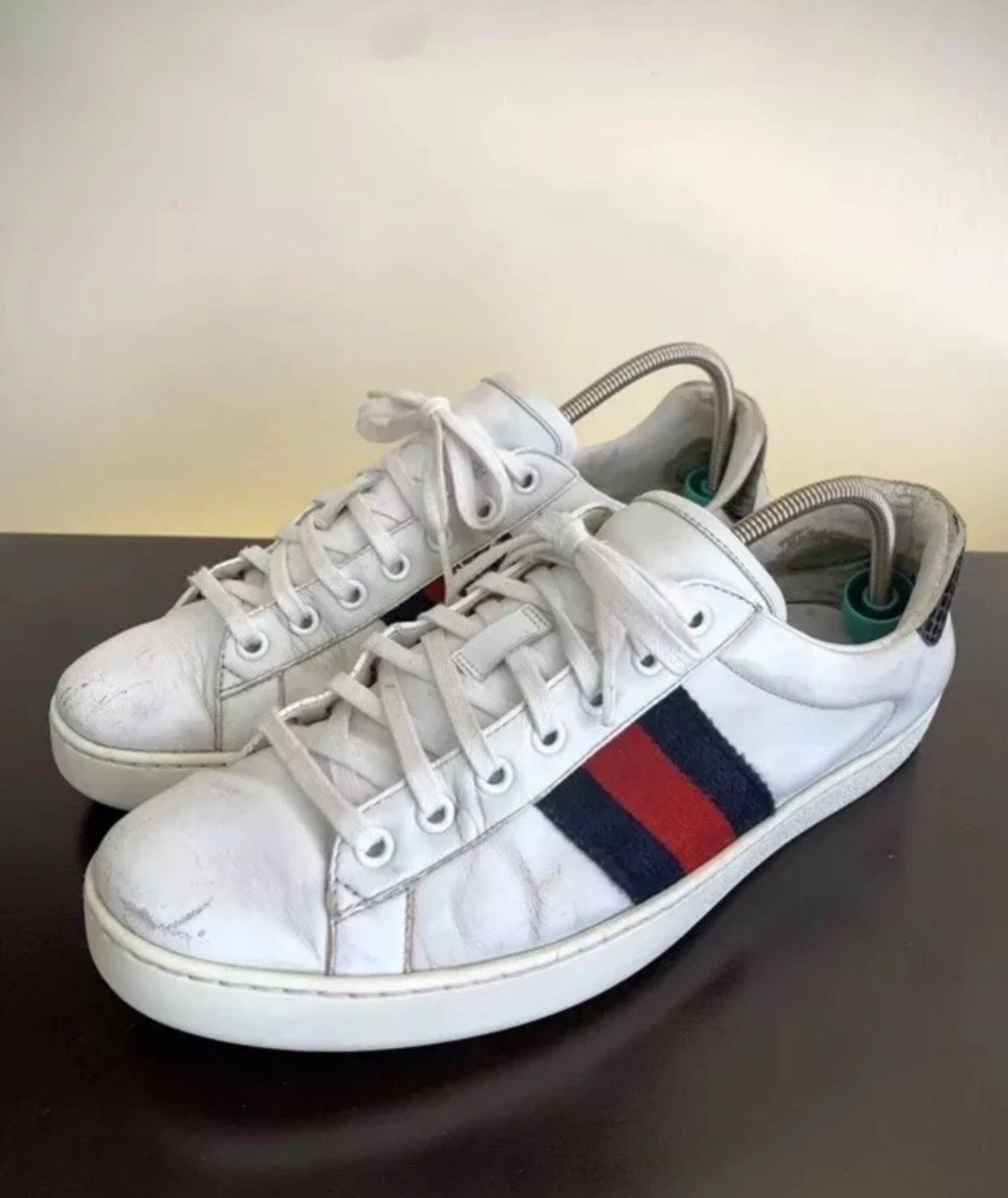 Gucci 386750 Mens White Leather Web Red Green Sneakers Sz US 8.5 || UK 8