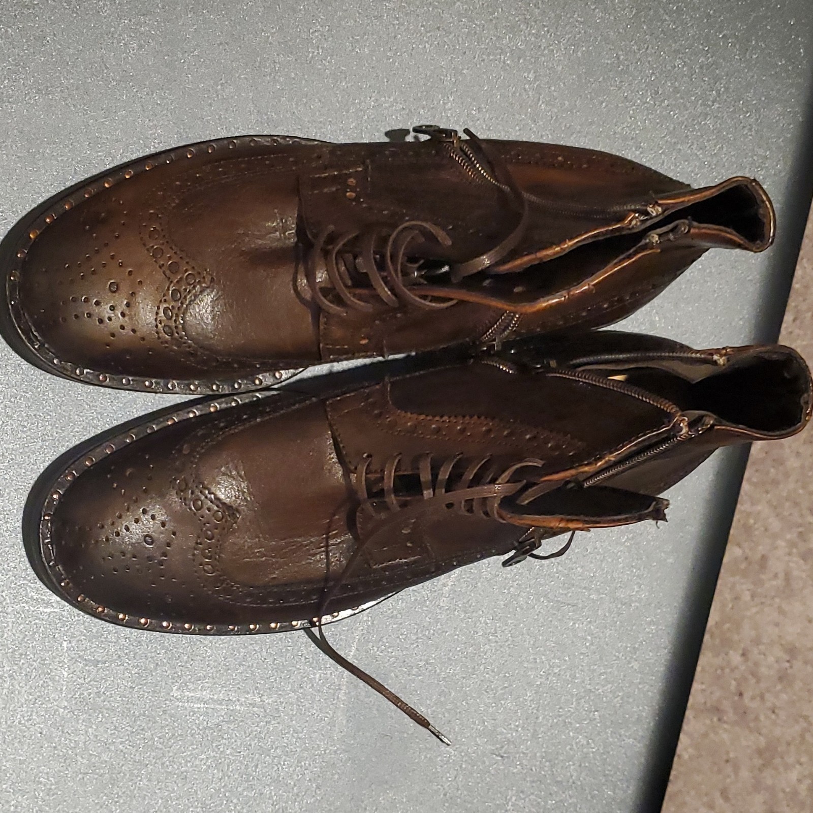 Men’s Brown Leather Wingtip Ankle Boots Lace-Up Side Zipper EU Sz R40/L41 Italy.