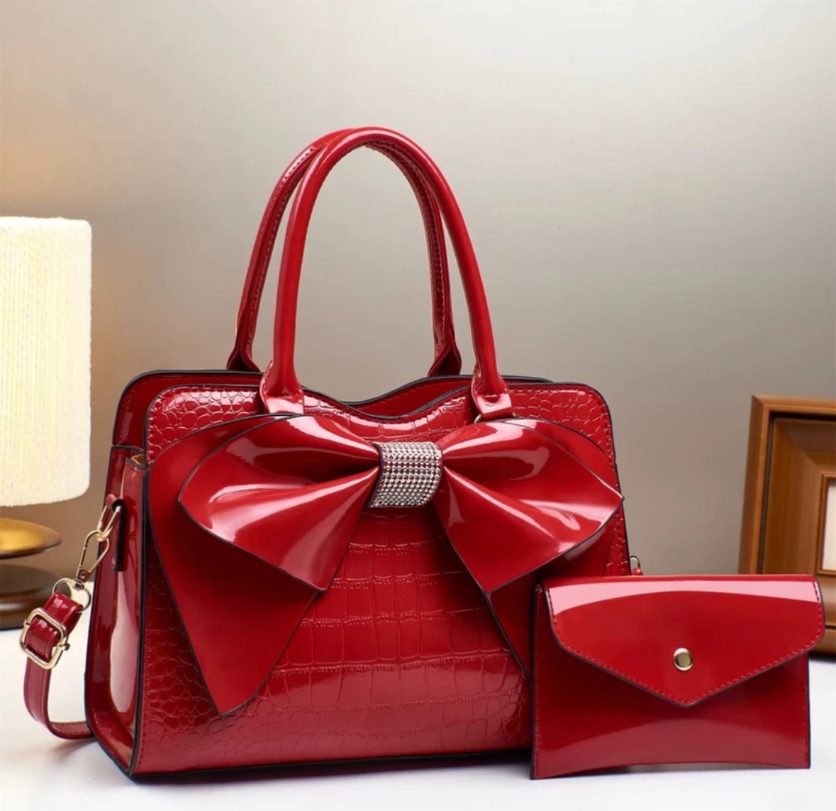 Women’s Luxury PU Leather Bow Tote Handbag 2Pc Satchel Shoulder Bag Wallet