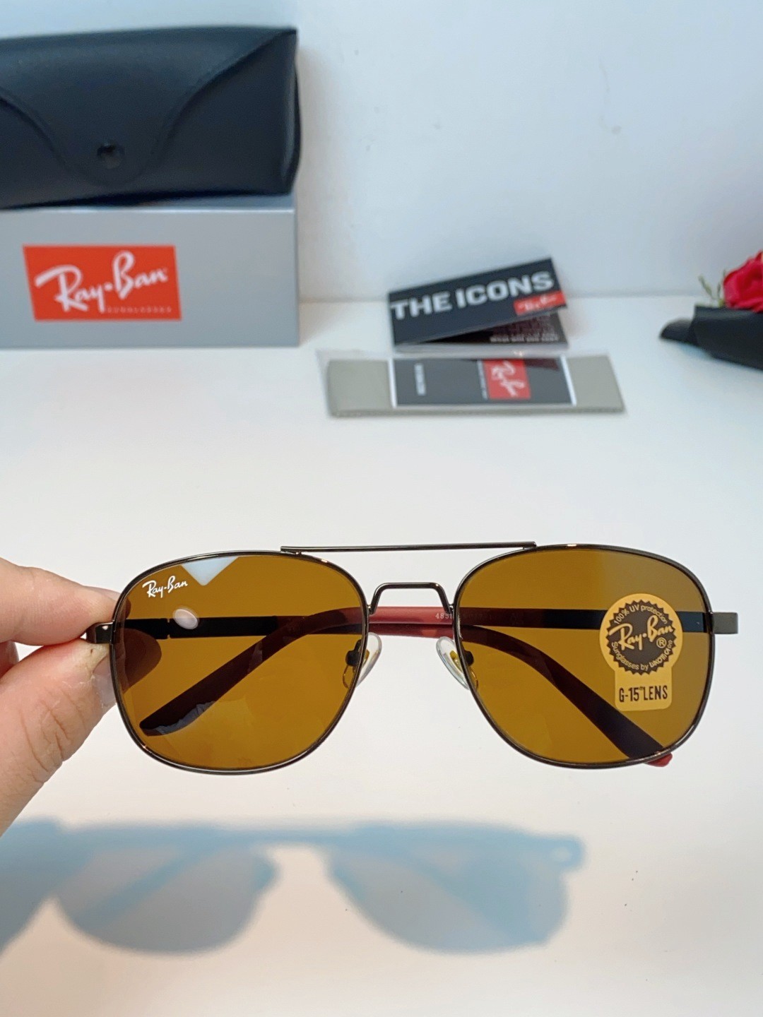 Ray-Ban RB3669 Gunmetal Square Sunglasses 57-20-145 G15 Amber Brown Lens