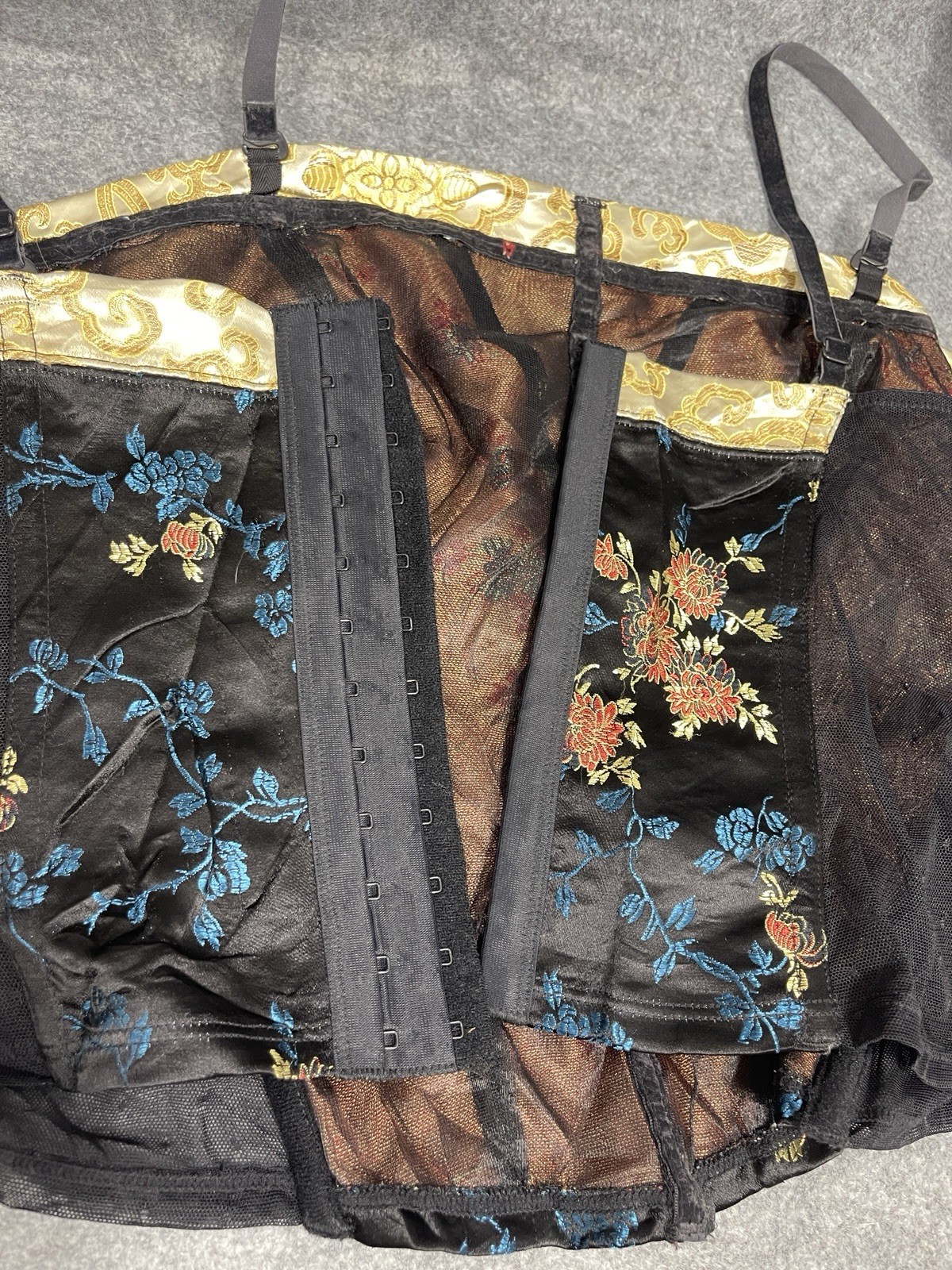 Oriental Floral Embroidered Corset Top UK 14 Black Gold Party Going Out Y2K