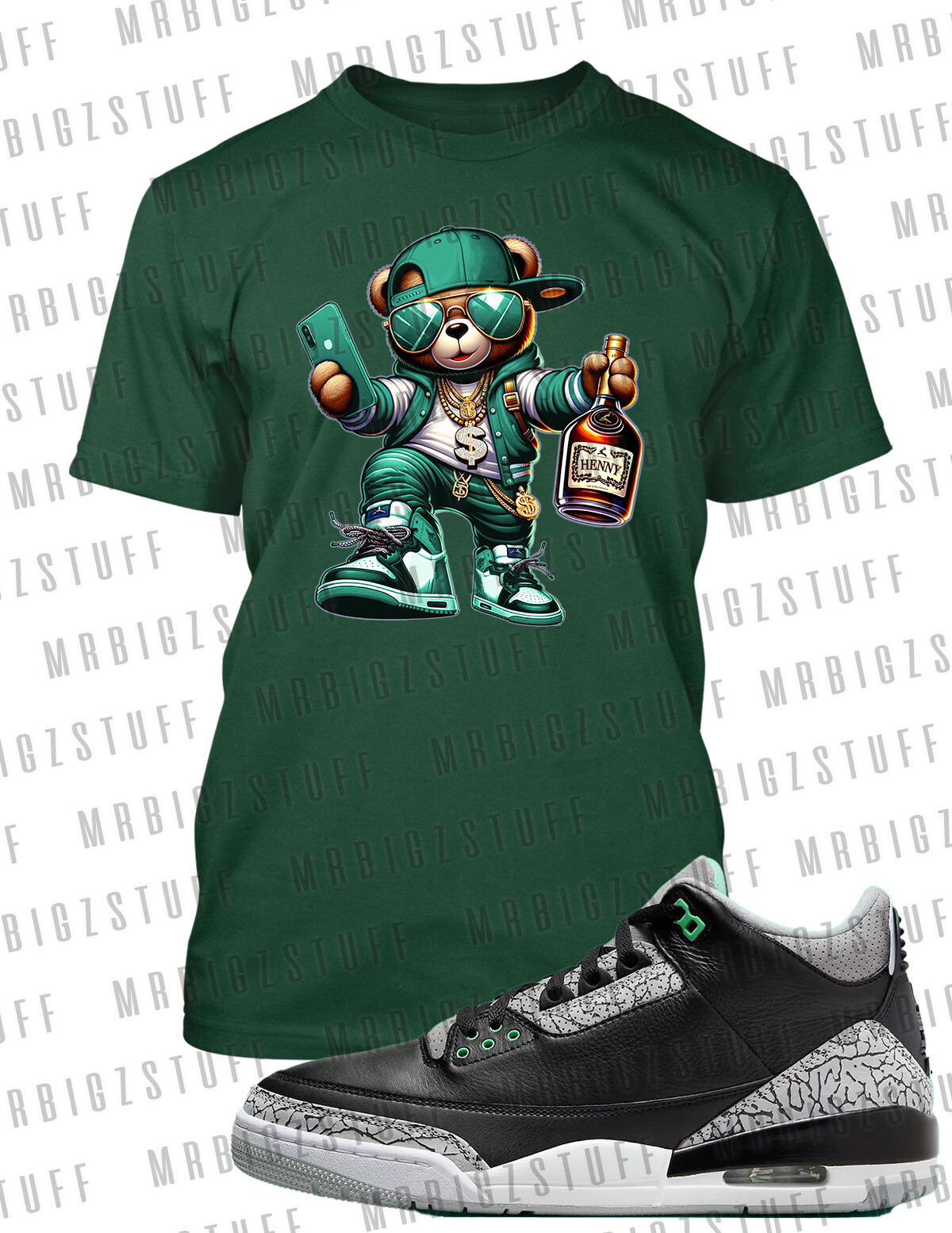 Mens Henny Bear Streetwear Pro Club Shaka Tee to Match J3 Green Glow Sneaker