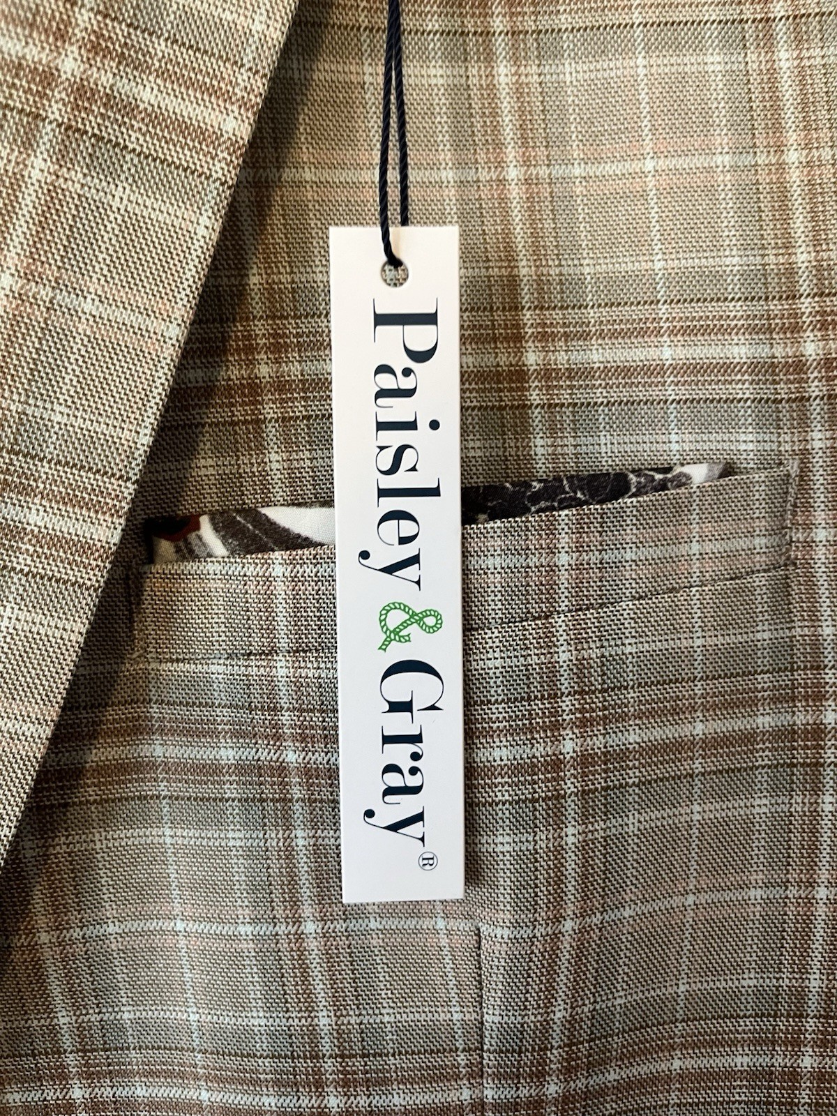 Paisley & Gray 42R SlimFit Windowpane Blazer Brown Floral Ticket Pocket Square