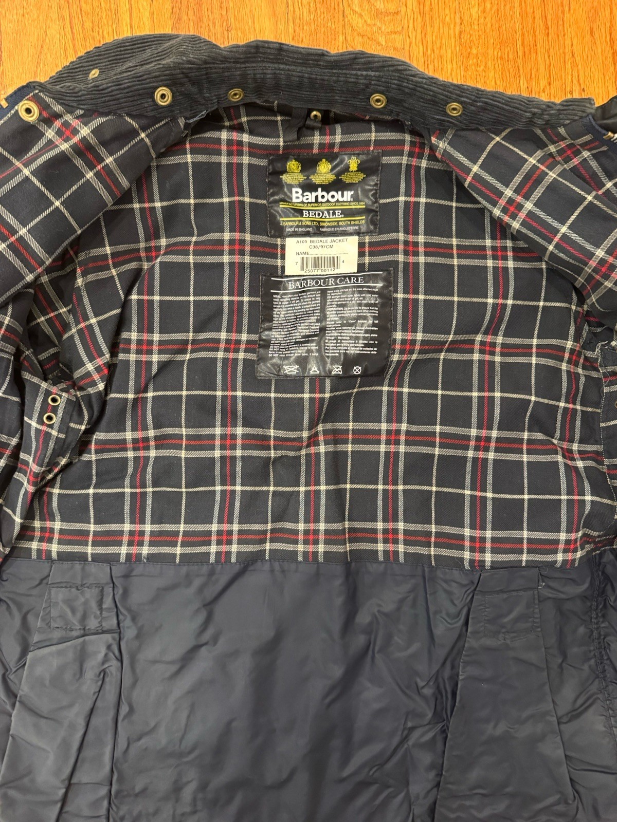 Barbour Bedale A105 Men’s Navy/Black Waxed Jacket Size 38 Lined Pockets