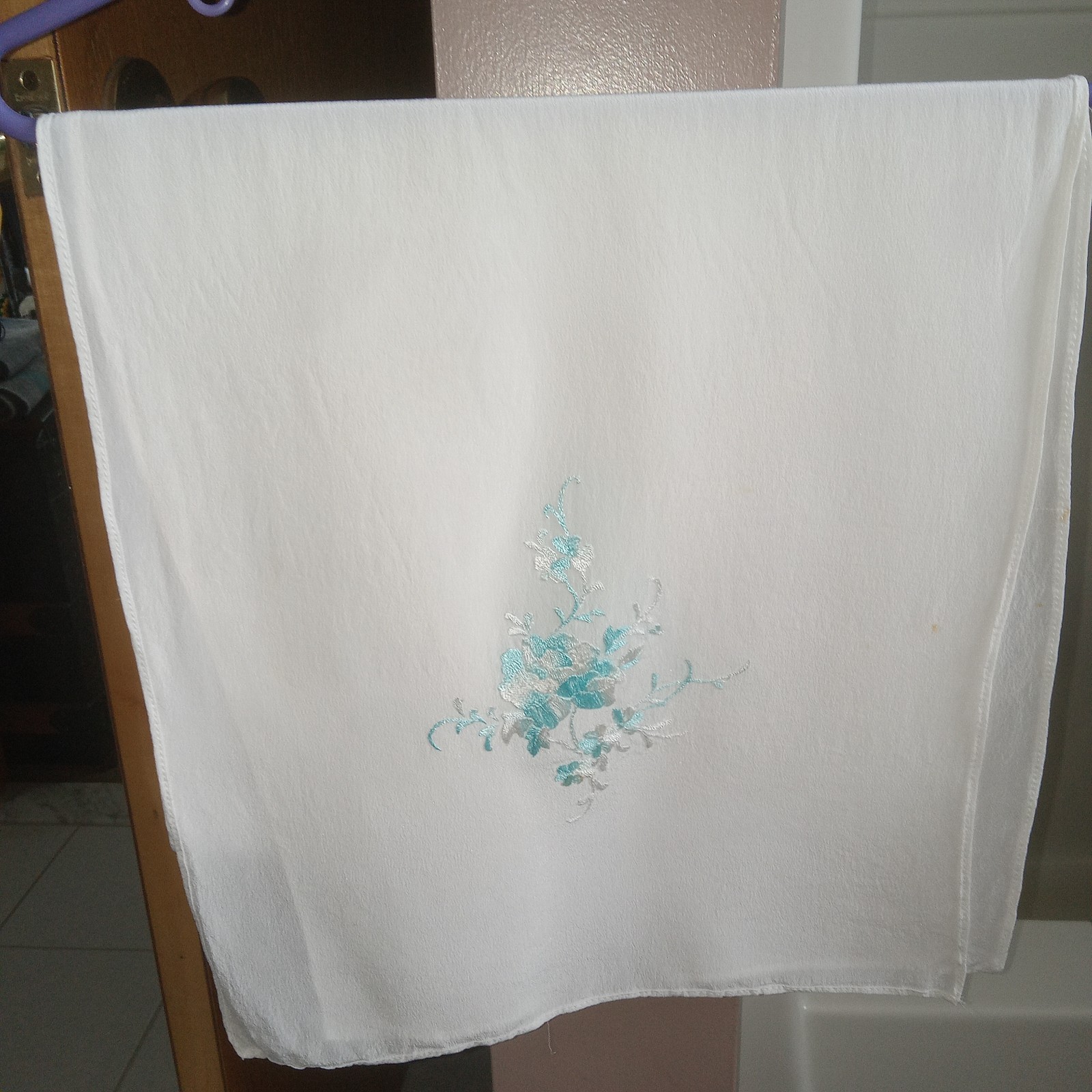 Vintage 100% Silk Embroidered Scarf Teal & Blue On Cream 13×53″ Set Of 2 Read