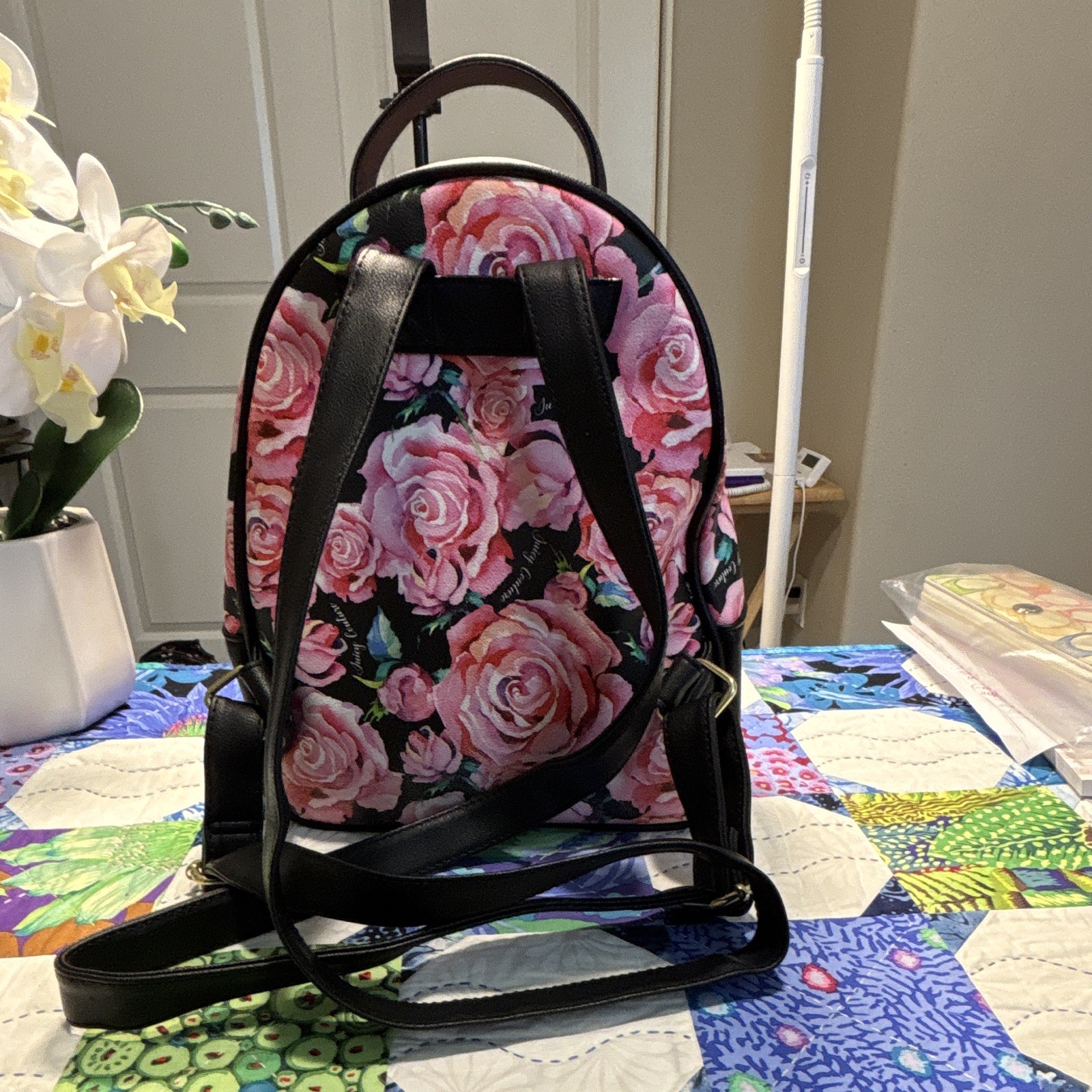 Juicy Couture Floral Rose Print Small Backpack Black/Pink Gold Studs Zip