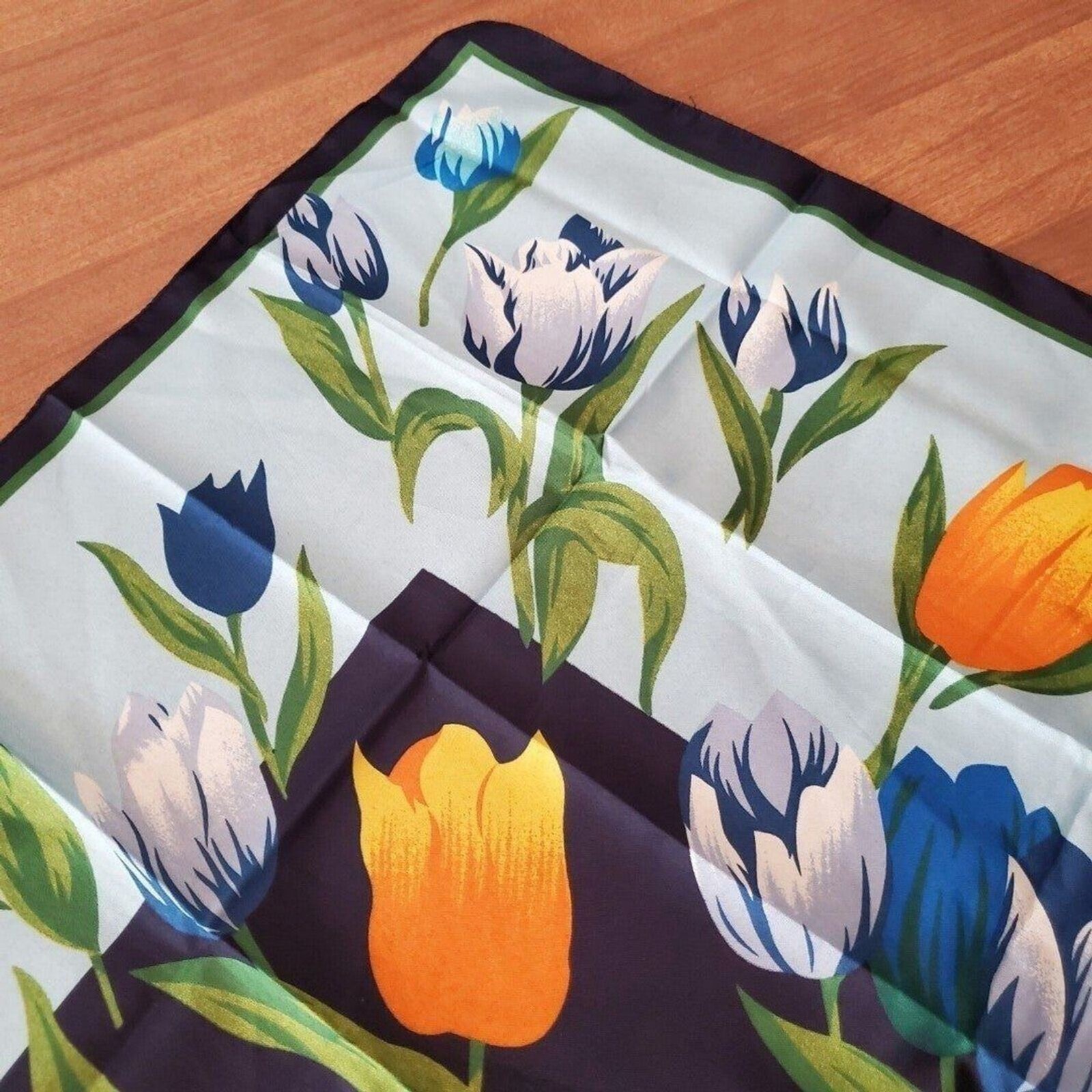 Womens Vintage Navy Blue Multicolor Tulip Floral Polyester Square Scarf Border