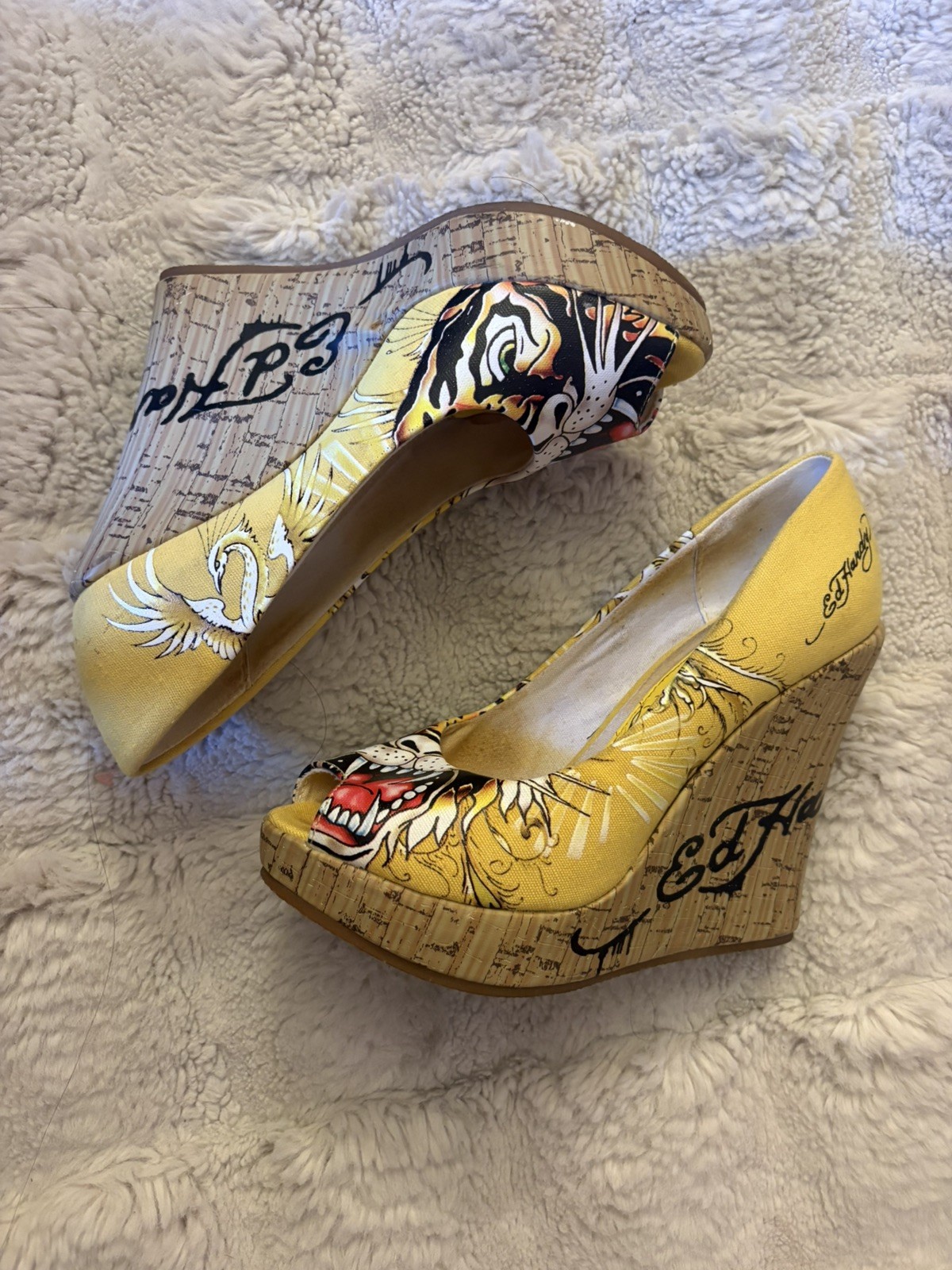 Ed Hardy Yellow Pink Floral Wedge Platform Peep Toe Slip On Women’s 6