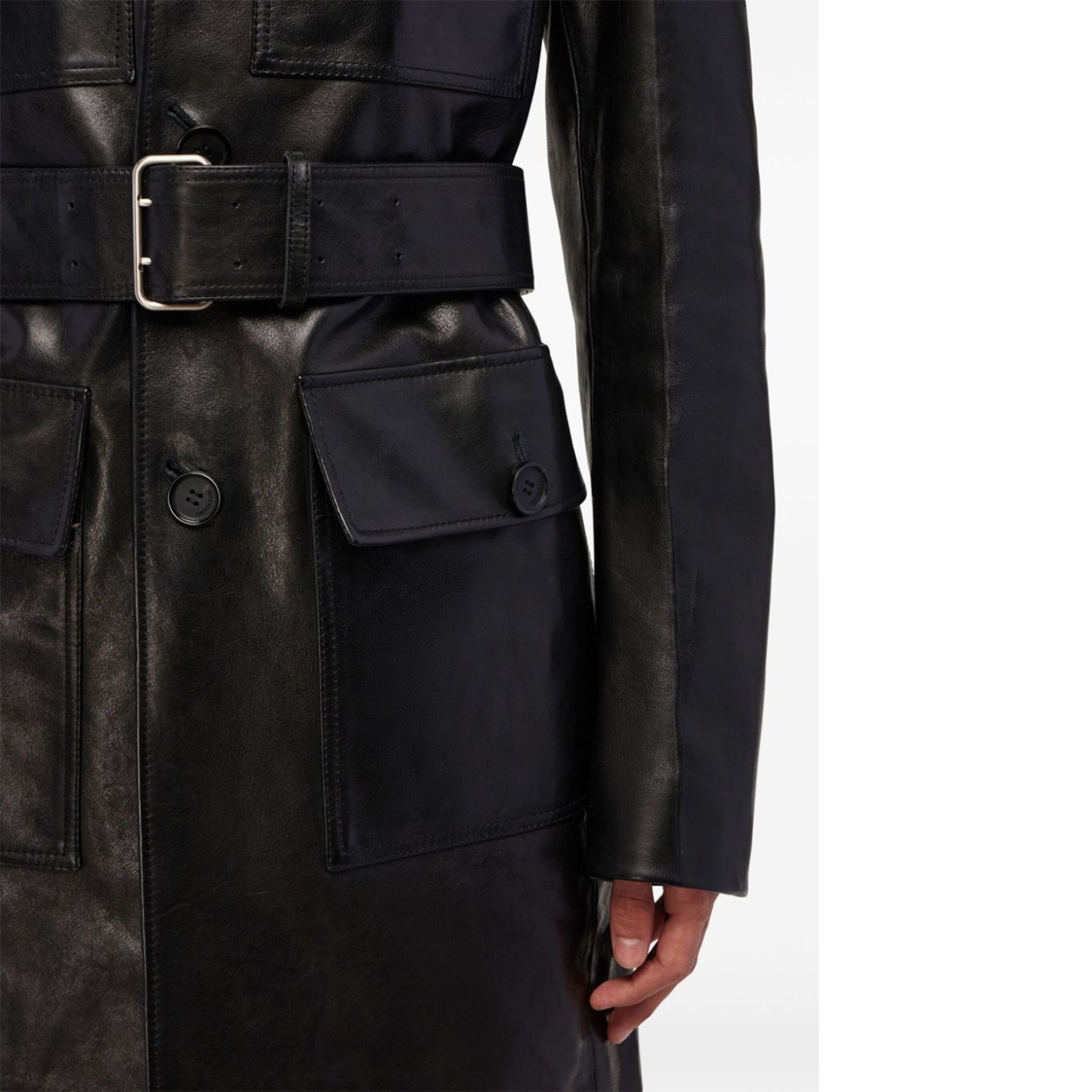 Men’s Genuine Leather Utility Black Field Coat Belted Four Pocket Casual