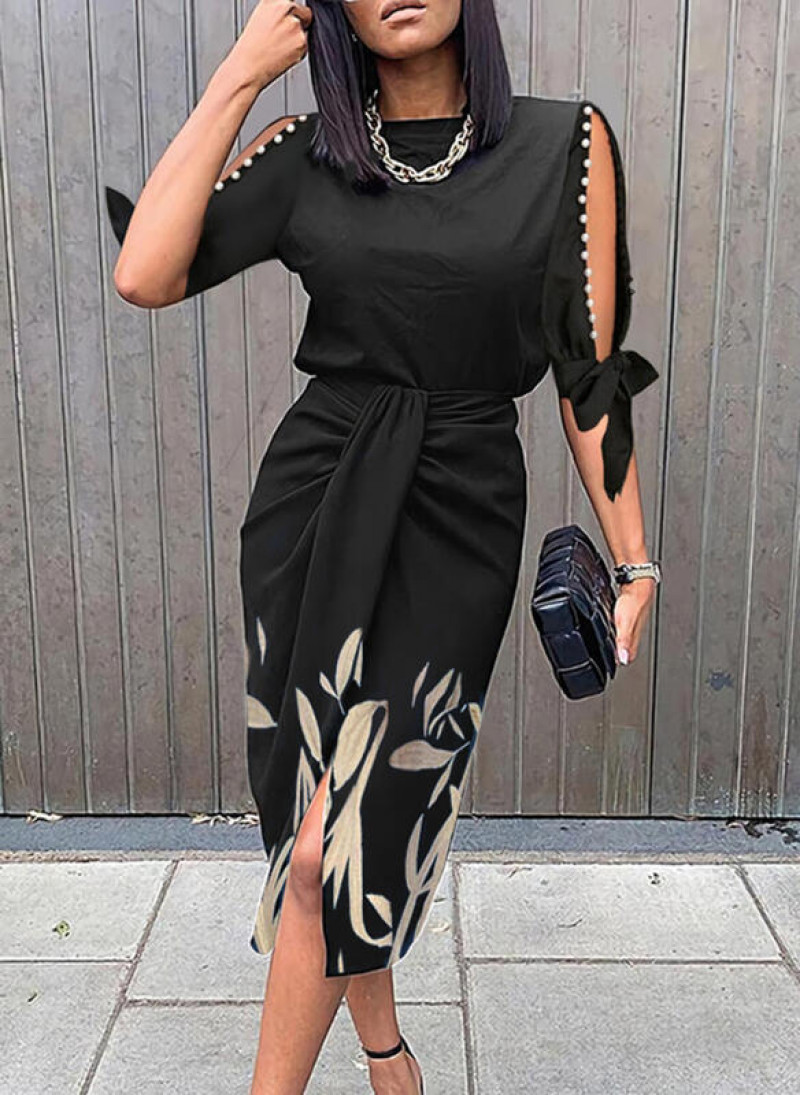 Women’s High Waist Casual Hollow Out Printed Sleeve Medium Length Dress