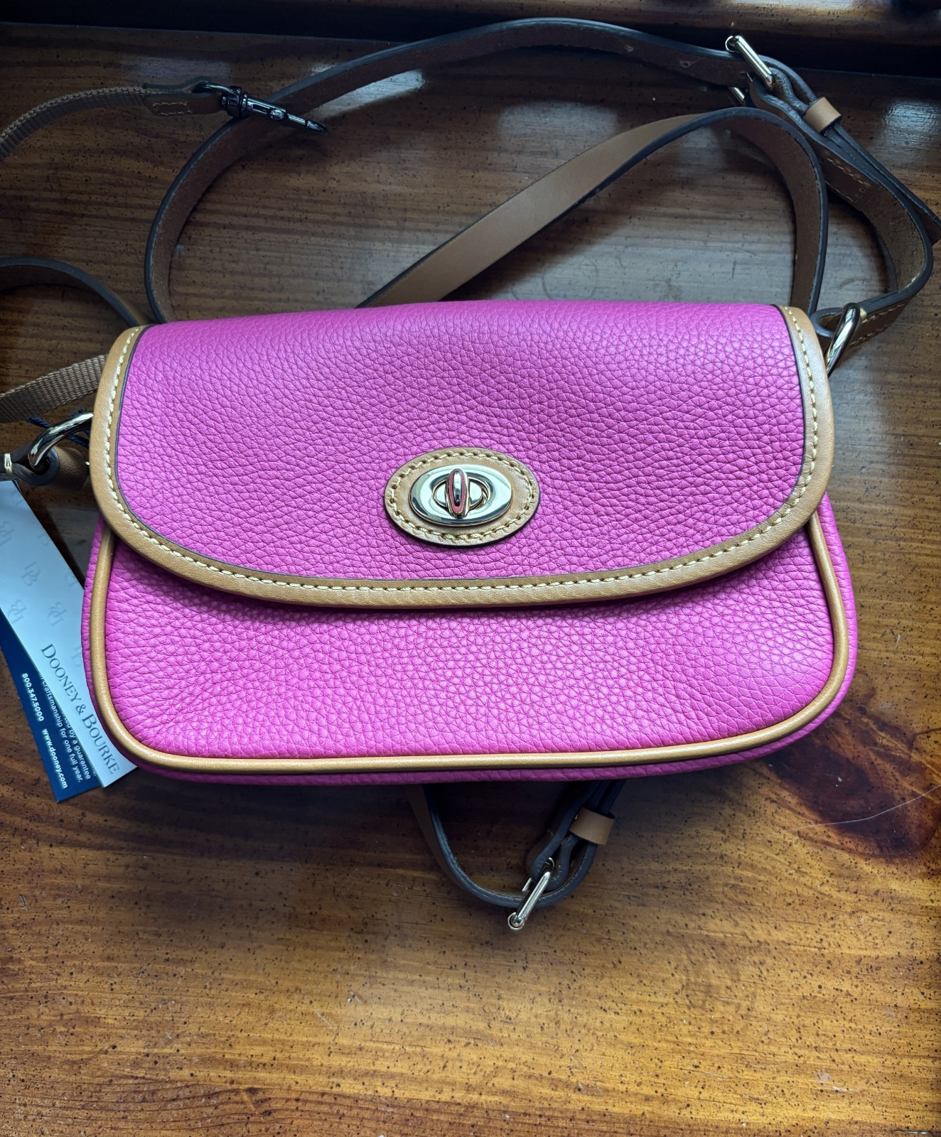 Dooney & Bourke Pebble Grain Turnlock Crossbody 22 in Fuchsia, new with tags
