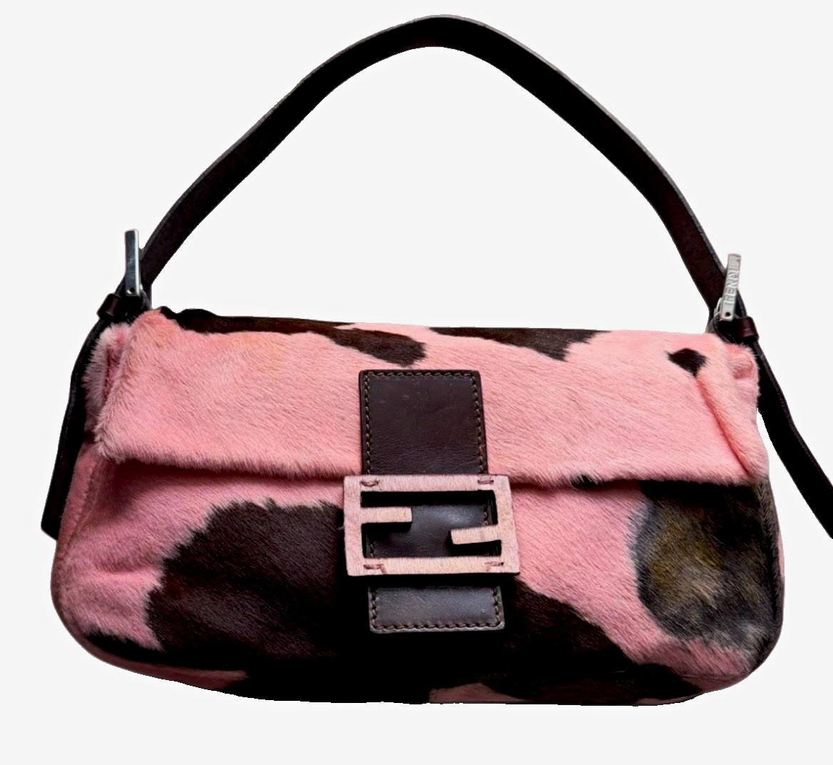 Fendi Pony Hair Print Shoulder Bag FF Buckle, Magnetic Closure Pink/Brown