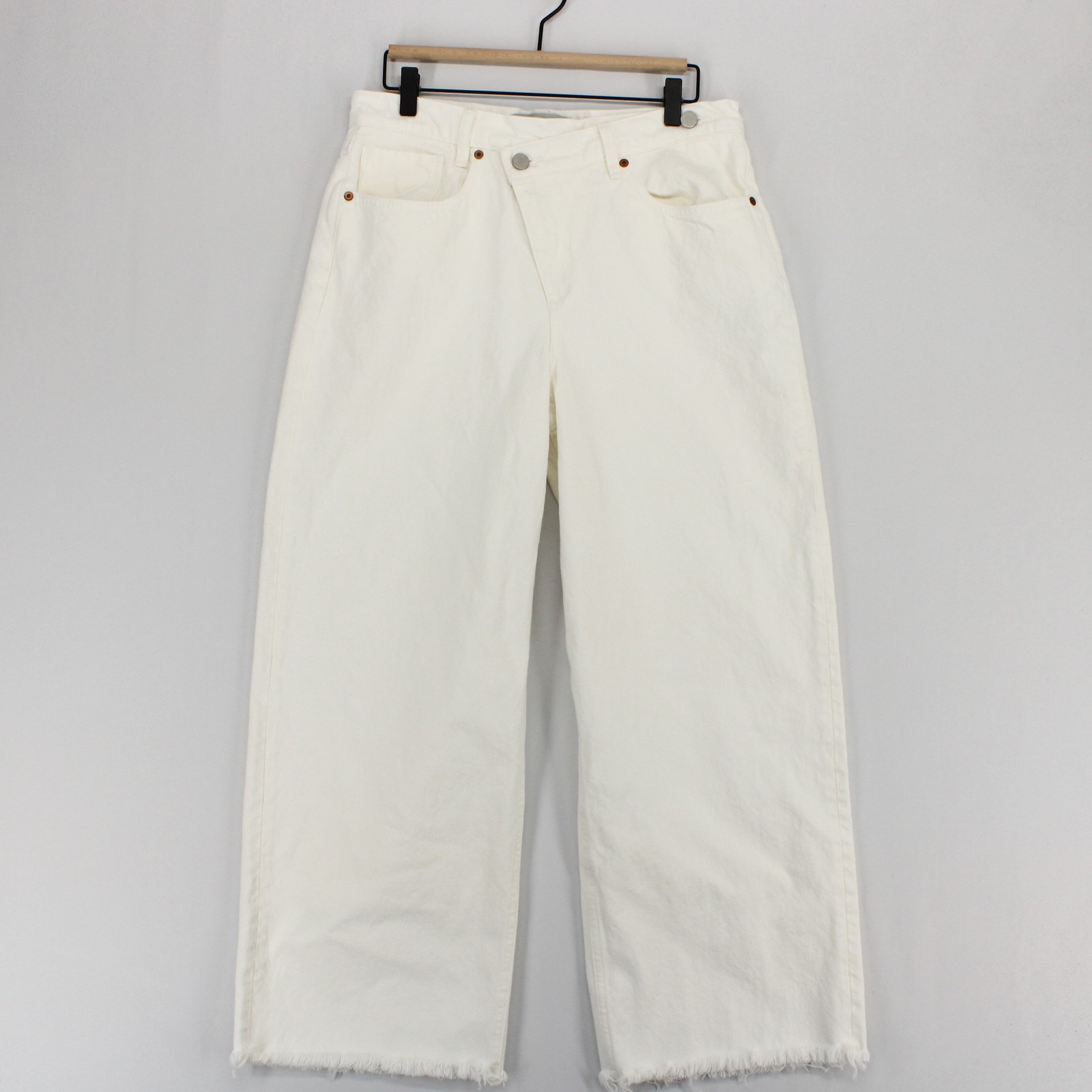 AllSaints Aki Jeans Womens 28 White Crossover Waist Raw Hem Wide Leg Asymmetric