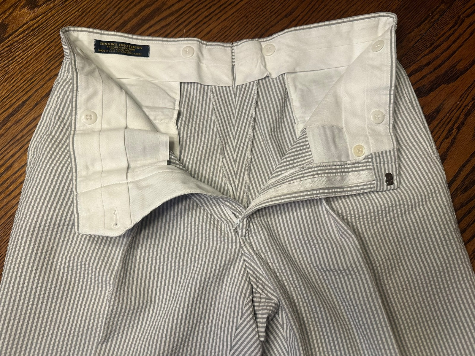 Brooks Brothers Seersucker Suit 42R 36×29 Gray White Stripe Cotton Pleated Cuff