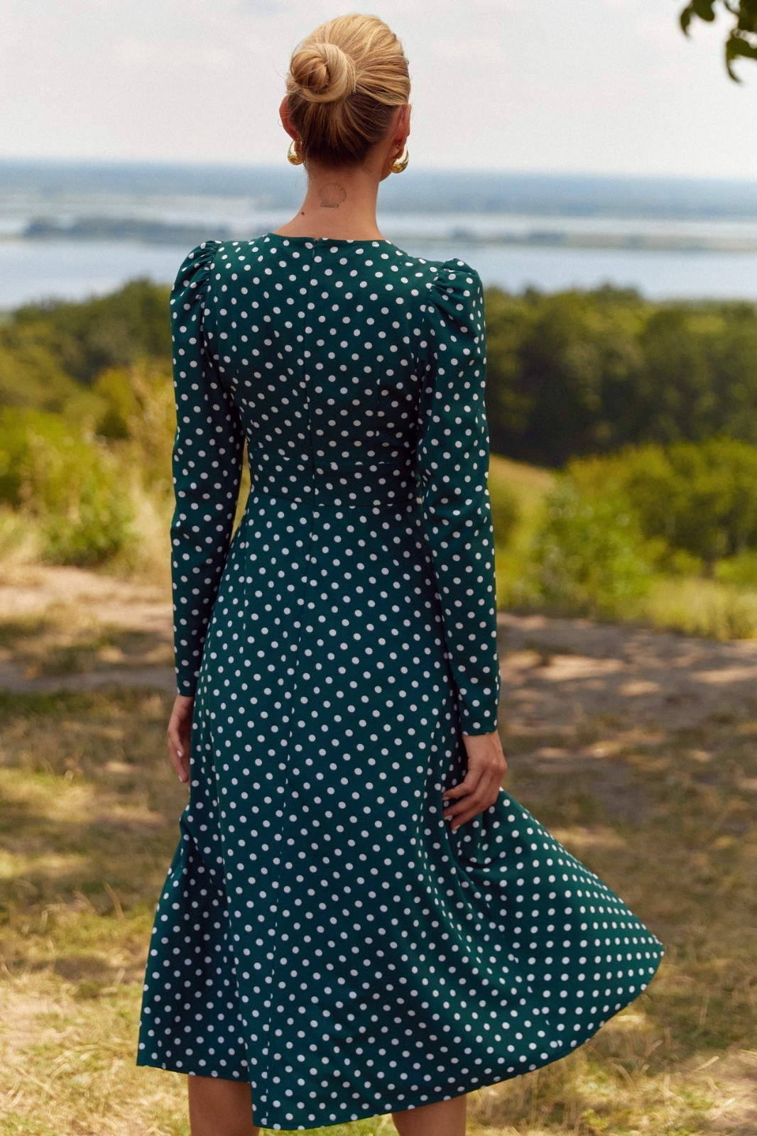 Green Emerald Polka Dot Midi Dress by FemeAdor – Size (XS) – Made in Ukraine